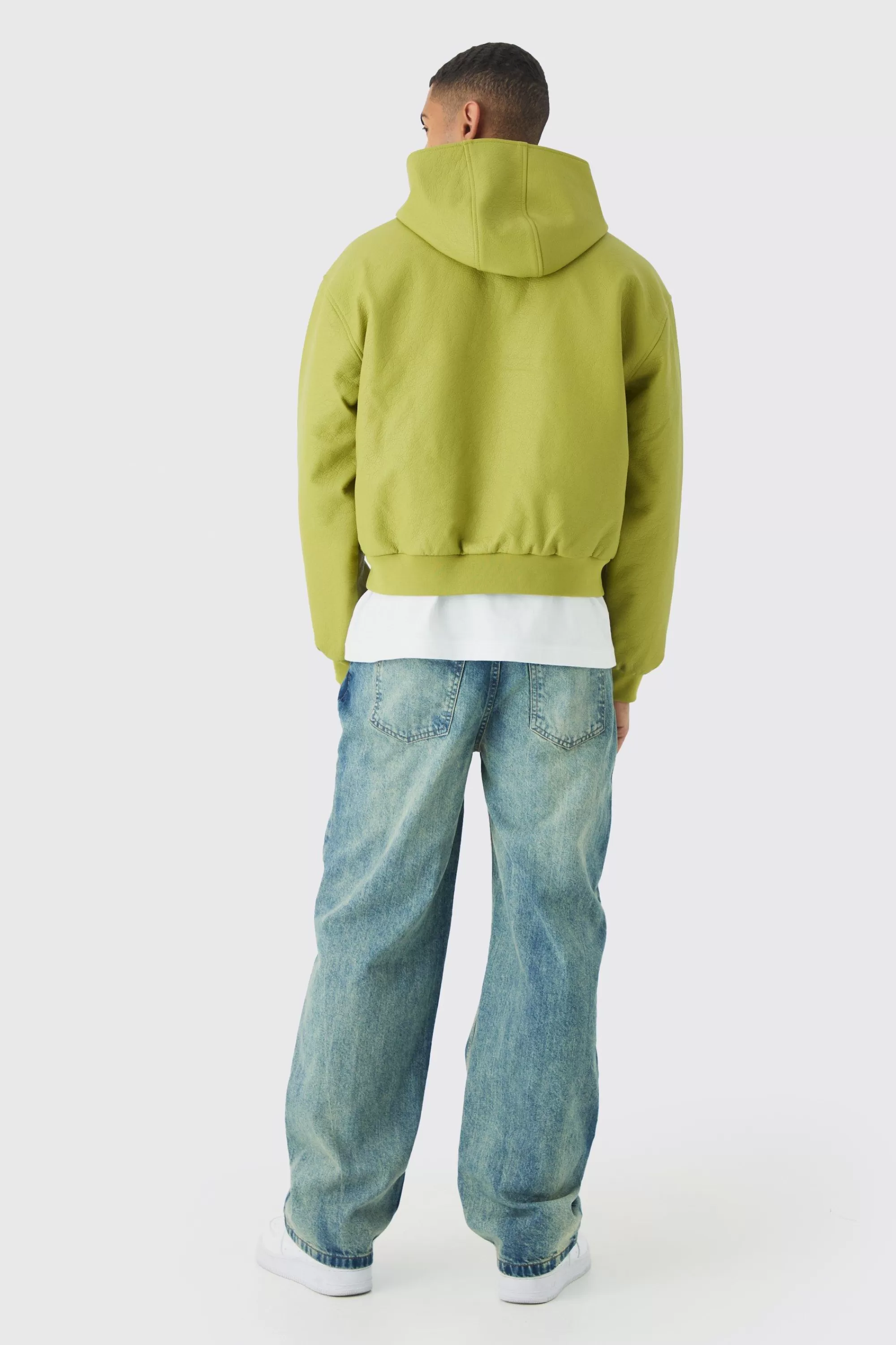 boohooMAN Boxy Hooded Pu Bomber Jacket In | UK