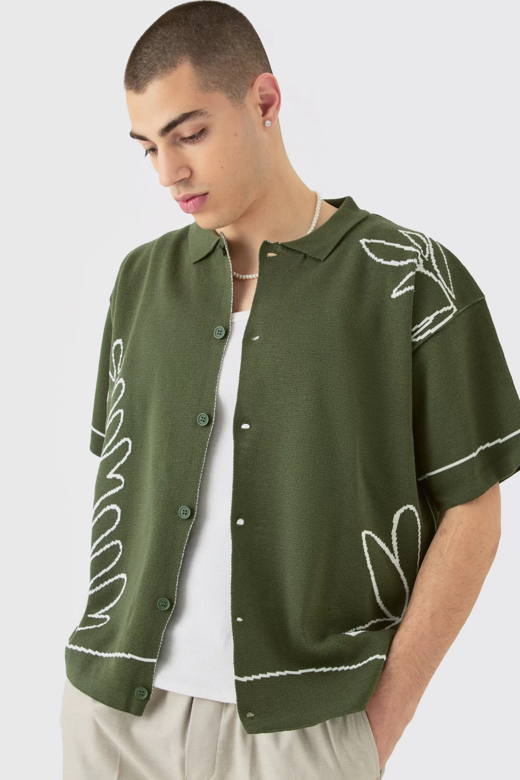 boohooMAN Boxy Jacquard Knit Abstract Detail Shirt In | UK