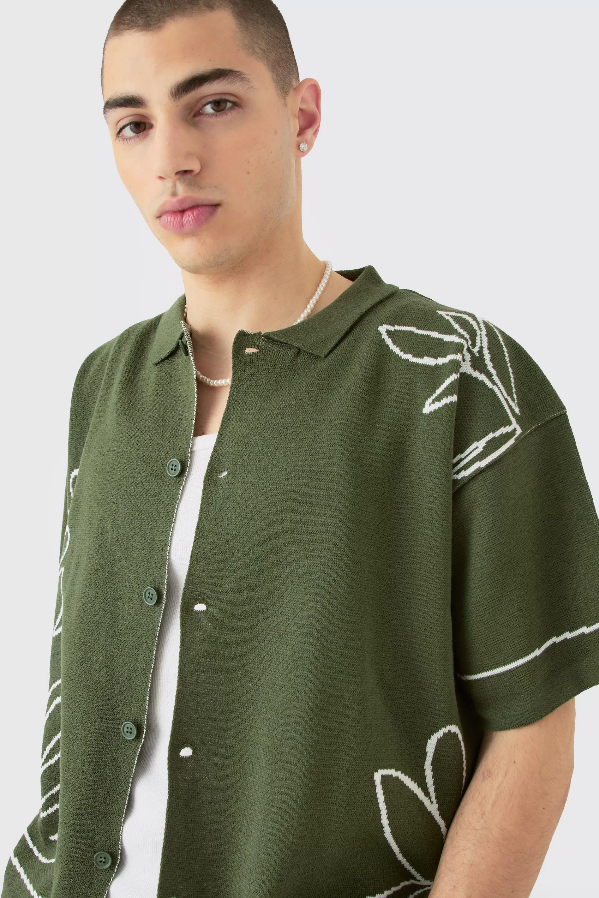 boohooMAN Boxy Jacquard Knit Abstract Detail Shirt In | UK