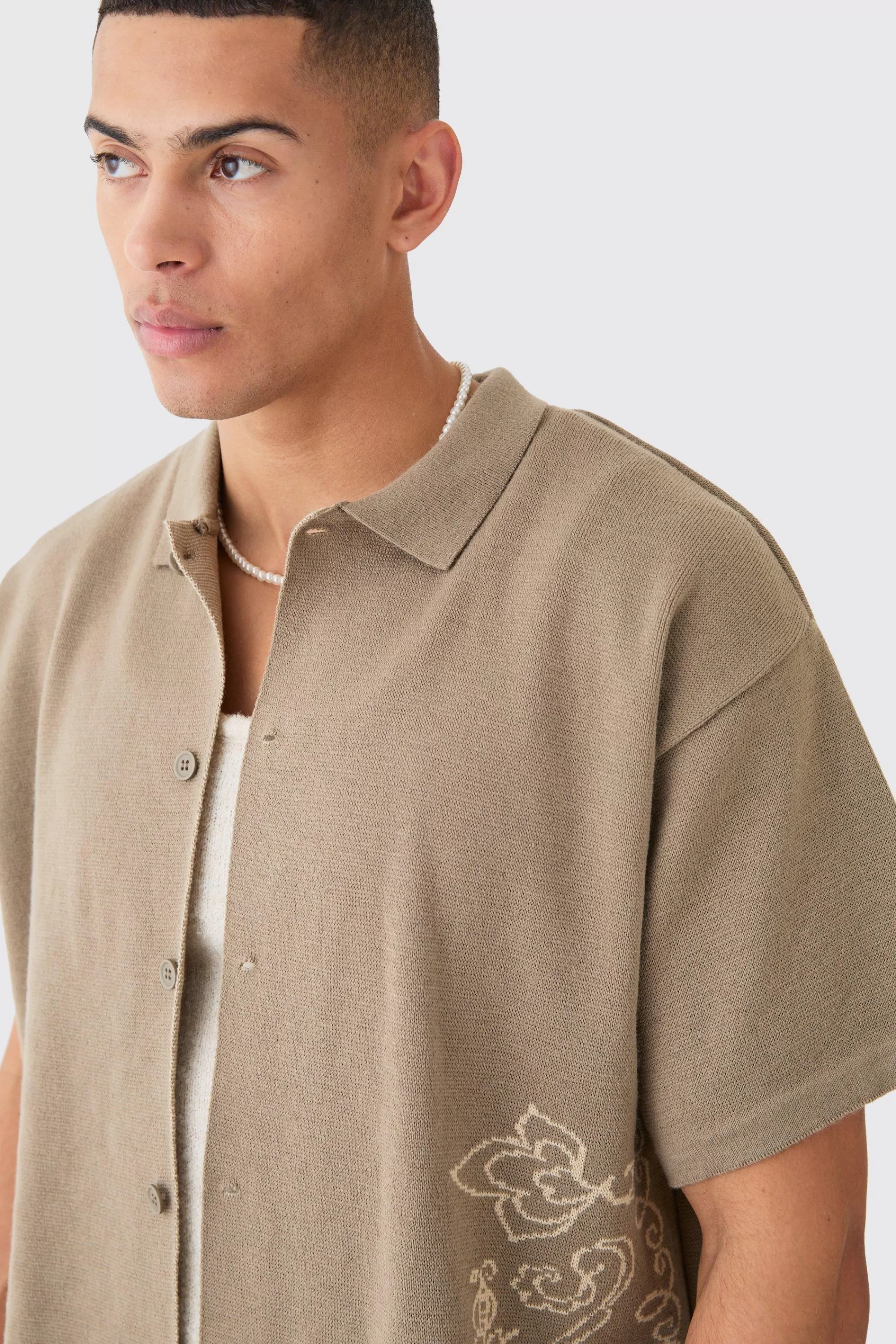 boohooMAN Boxy Jacquard Knit Abstract Detail Shirt In | UK