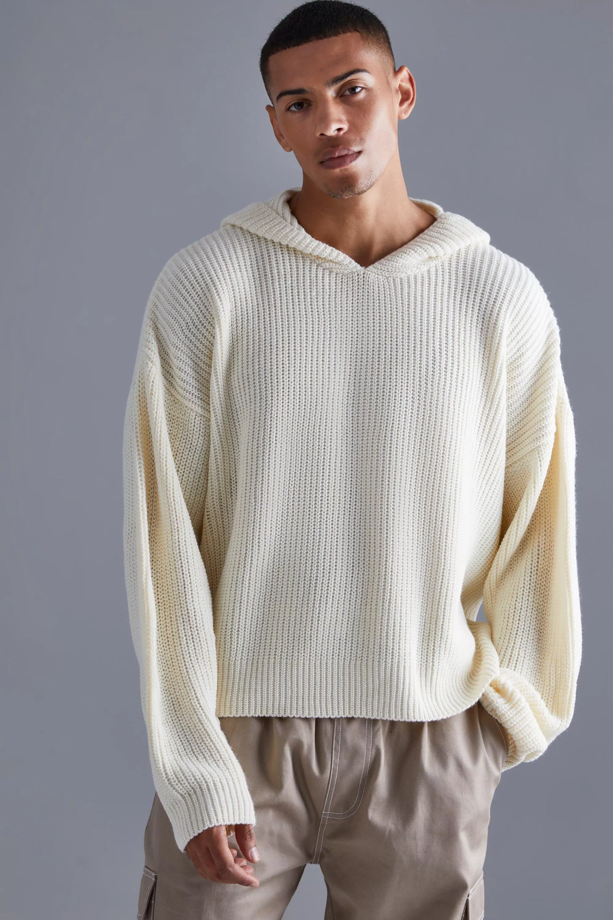 boohooMAN Boxy Knitted Ribbed Hoodie | UK