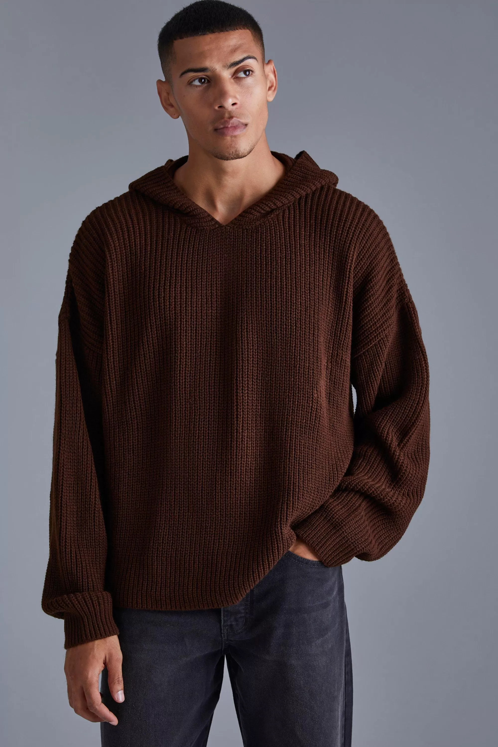 boohooMAN Boxy Knitted Ribbed Hoodie | UK