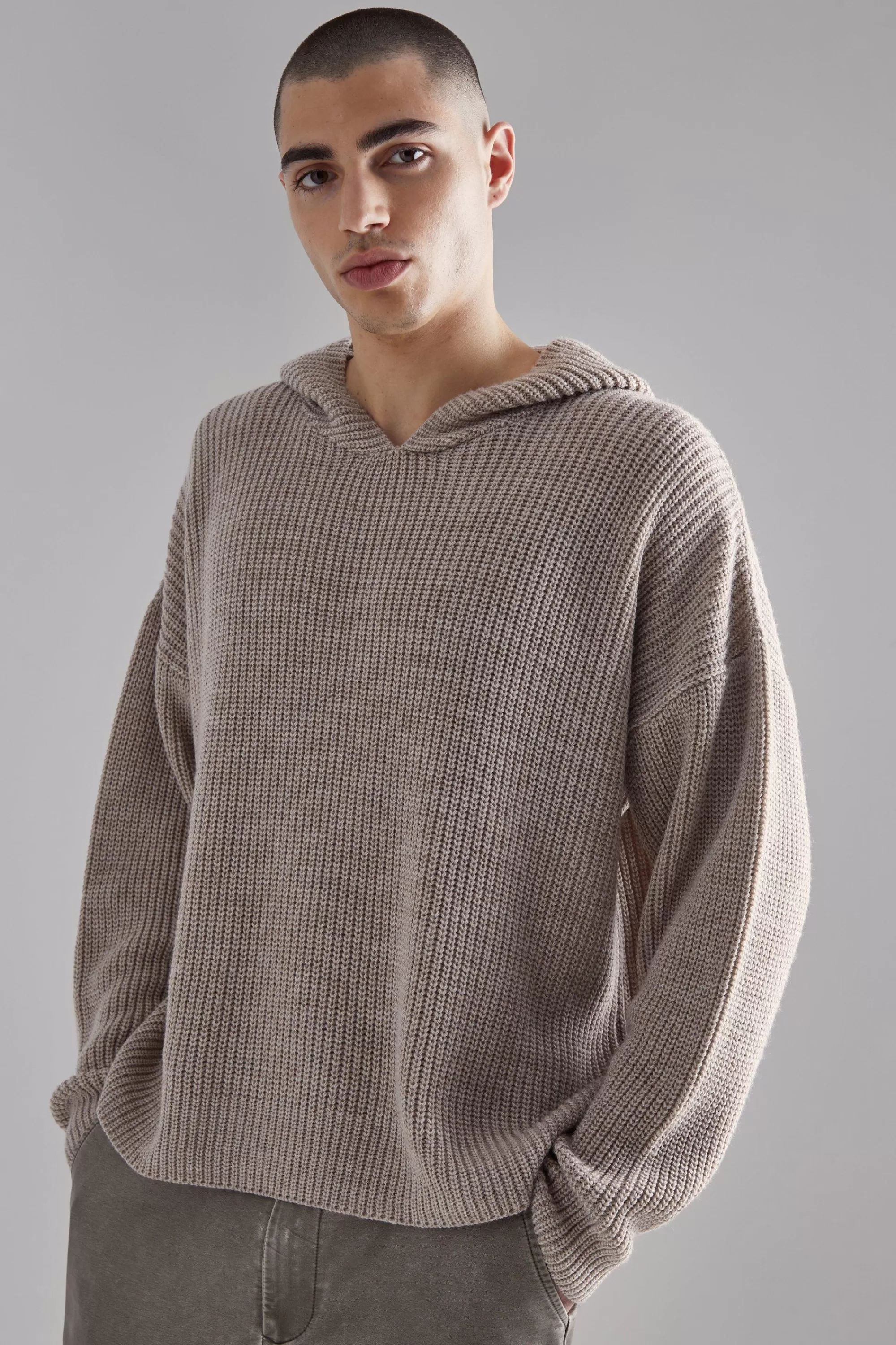 boohooMAN Boxy Knitted Ribbed Hoodie | UK