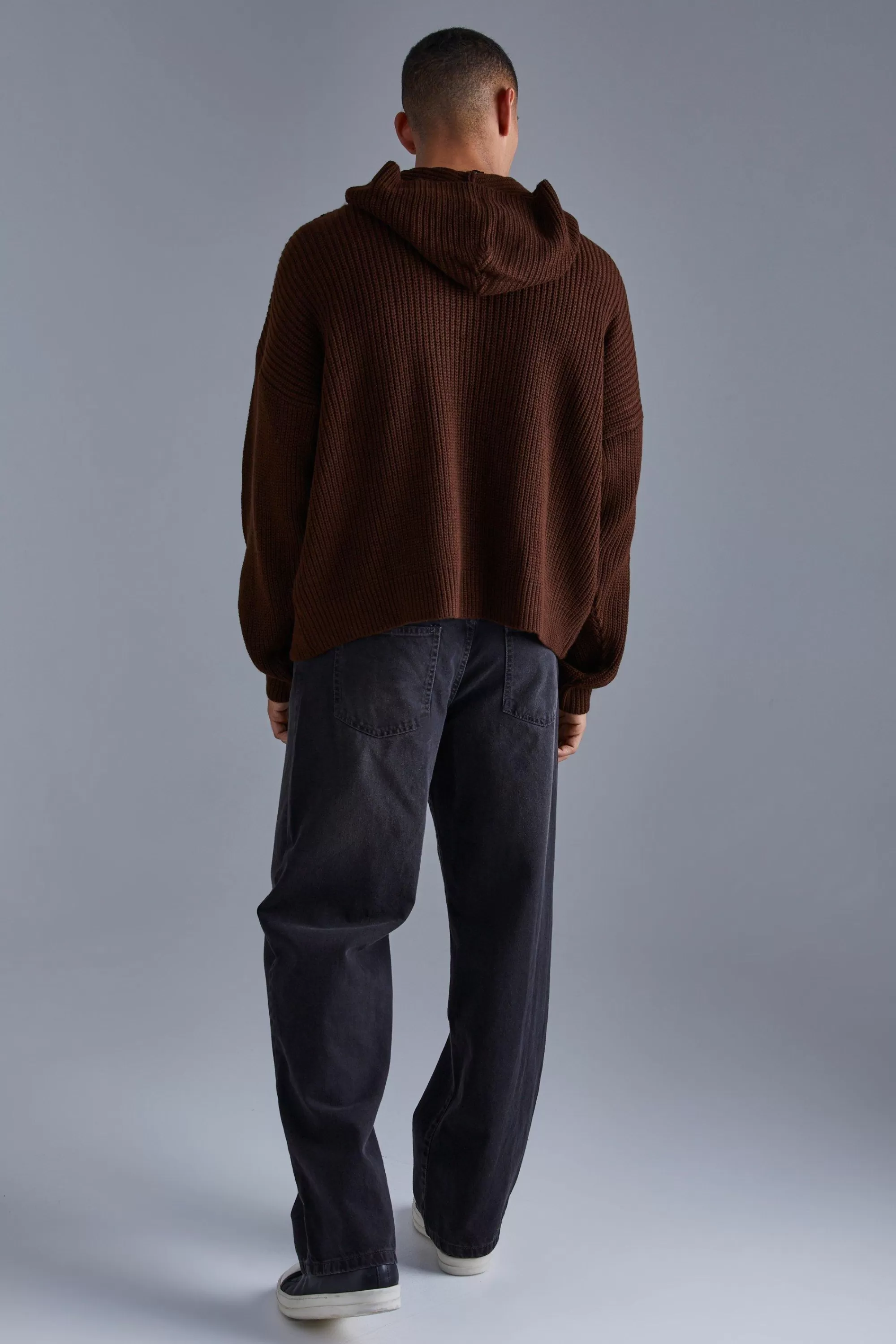 boohooMAN Boxy Knitted Ribbed Hoodie | UK