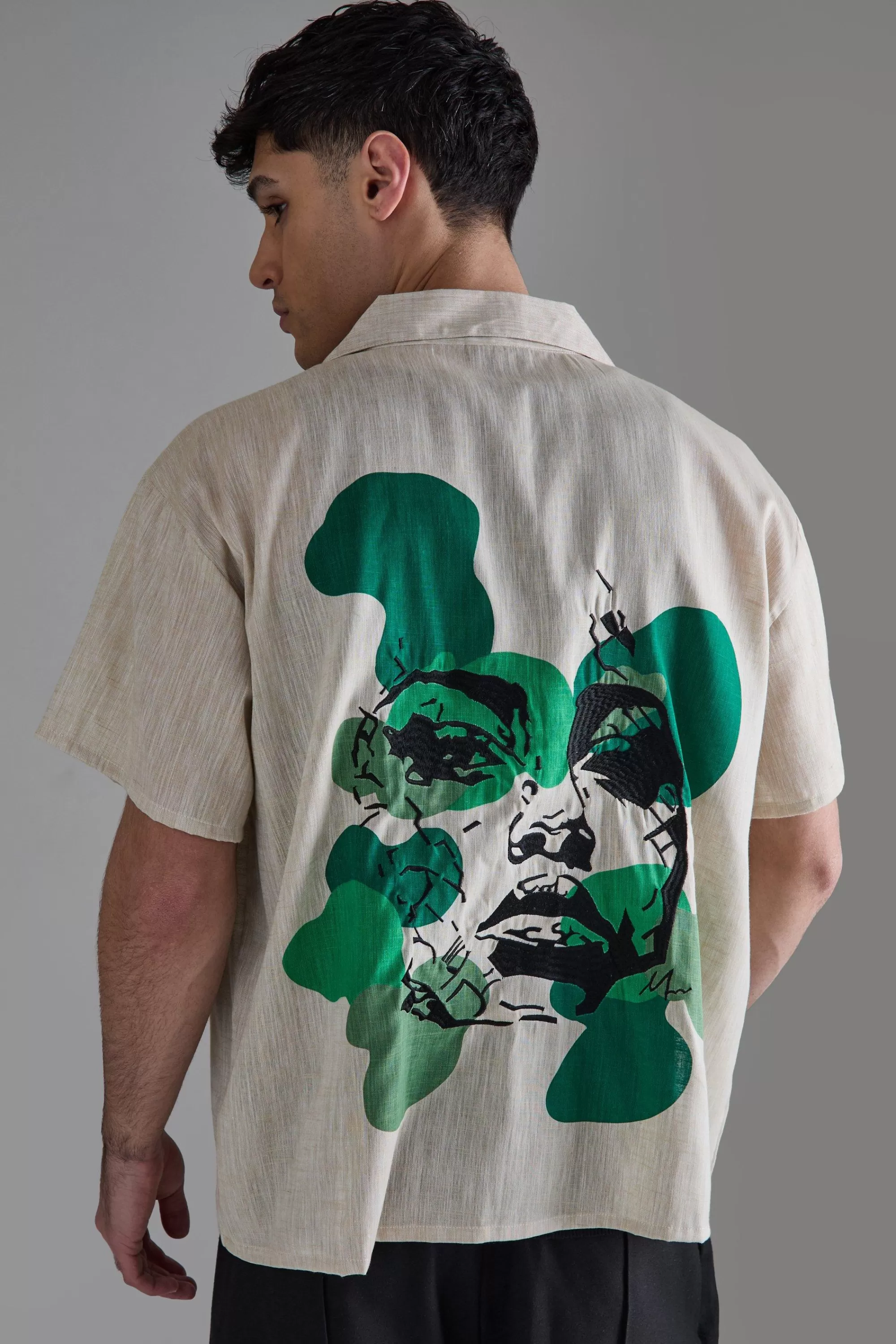 boohooMAN Boxy Linen Back Embroidered Shirt | UK