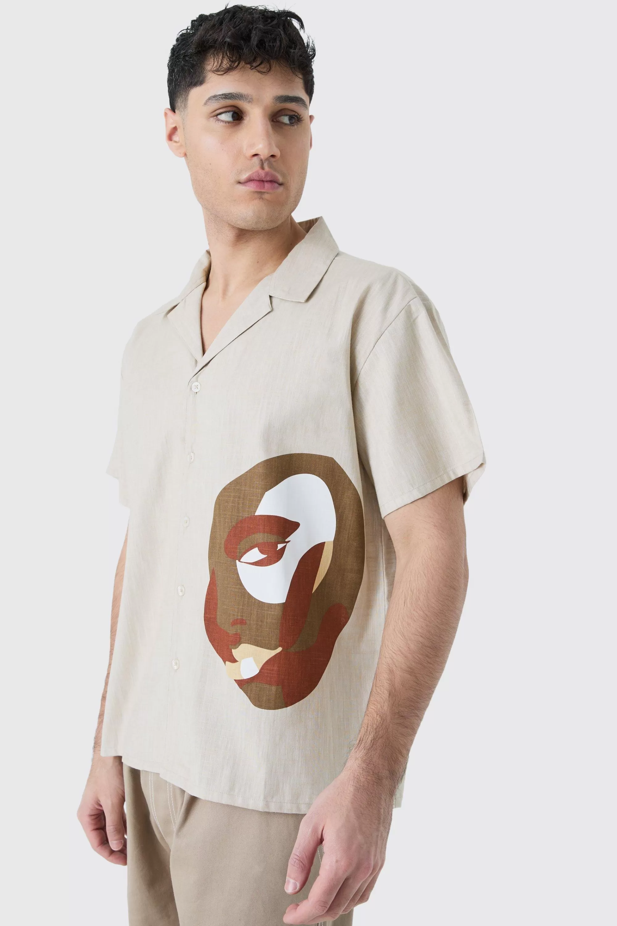 boohooMAN Boxy Linen Look Hem Placement Print Shirt | UK