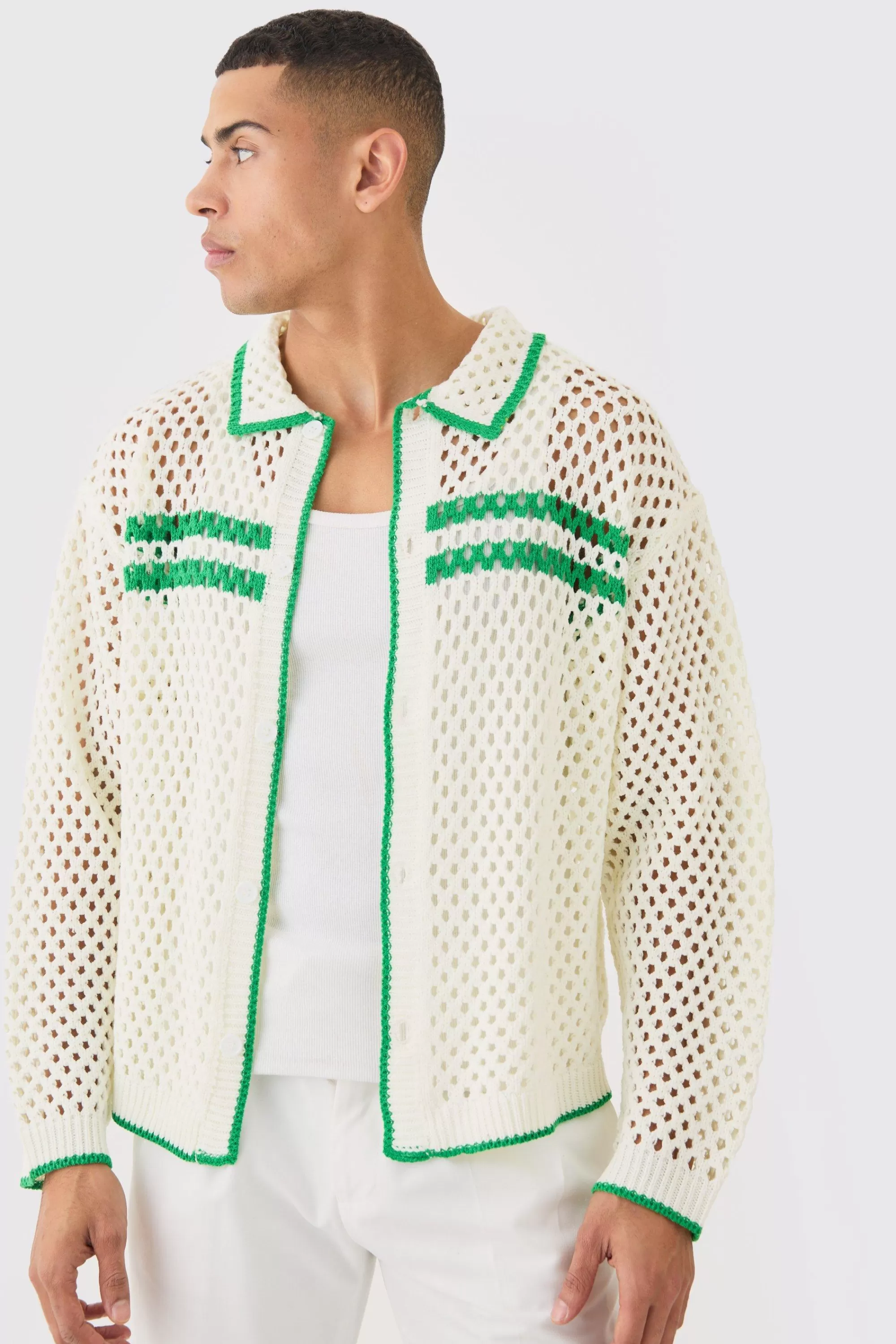 boohooMAN Boxy Long Sleeve Open Stitch Tipped Shirt | UK