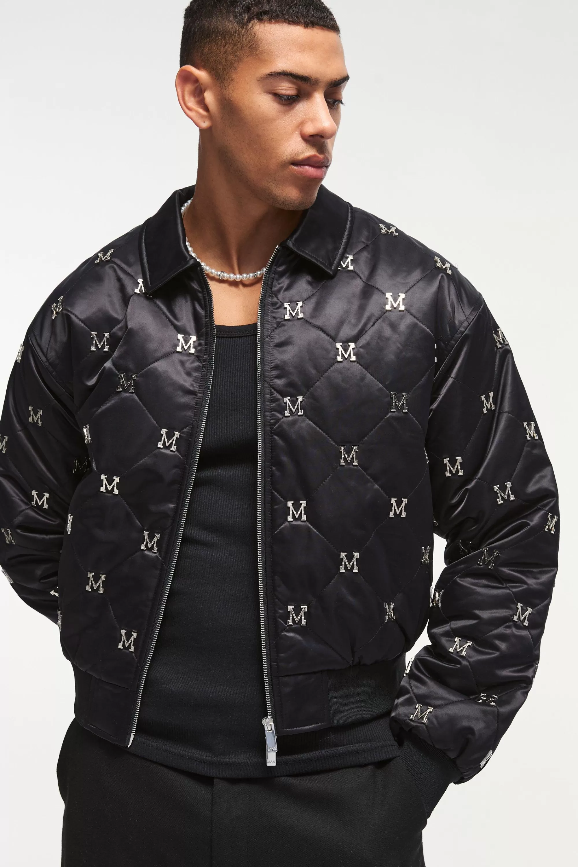 boohooMAN Boxy M Embellished Satin Bomber Jacket In | UK