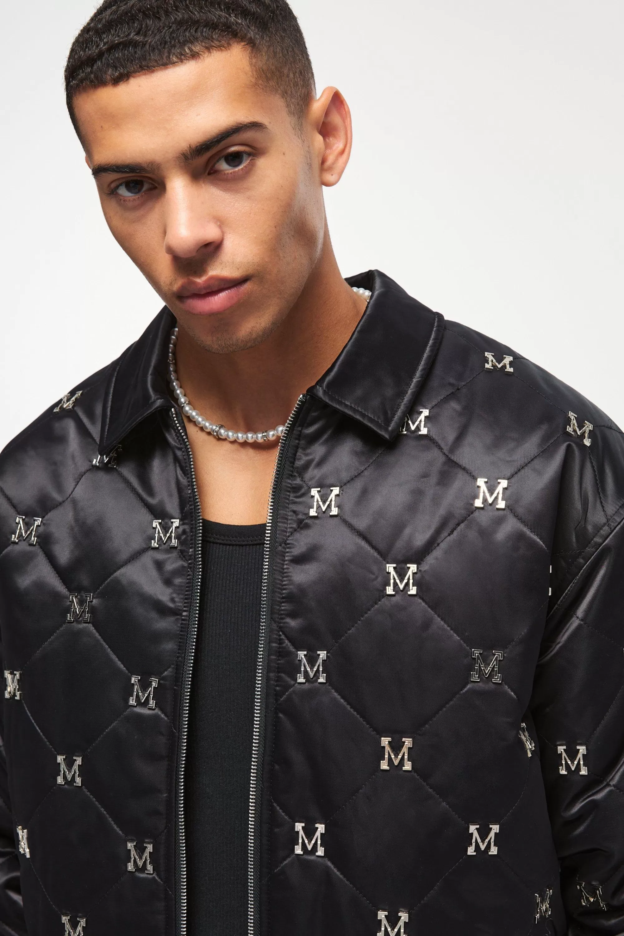 boohooMAN Boxy M Embellished Satin Bomber Jacket In | UK
