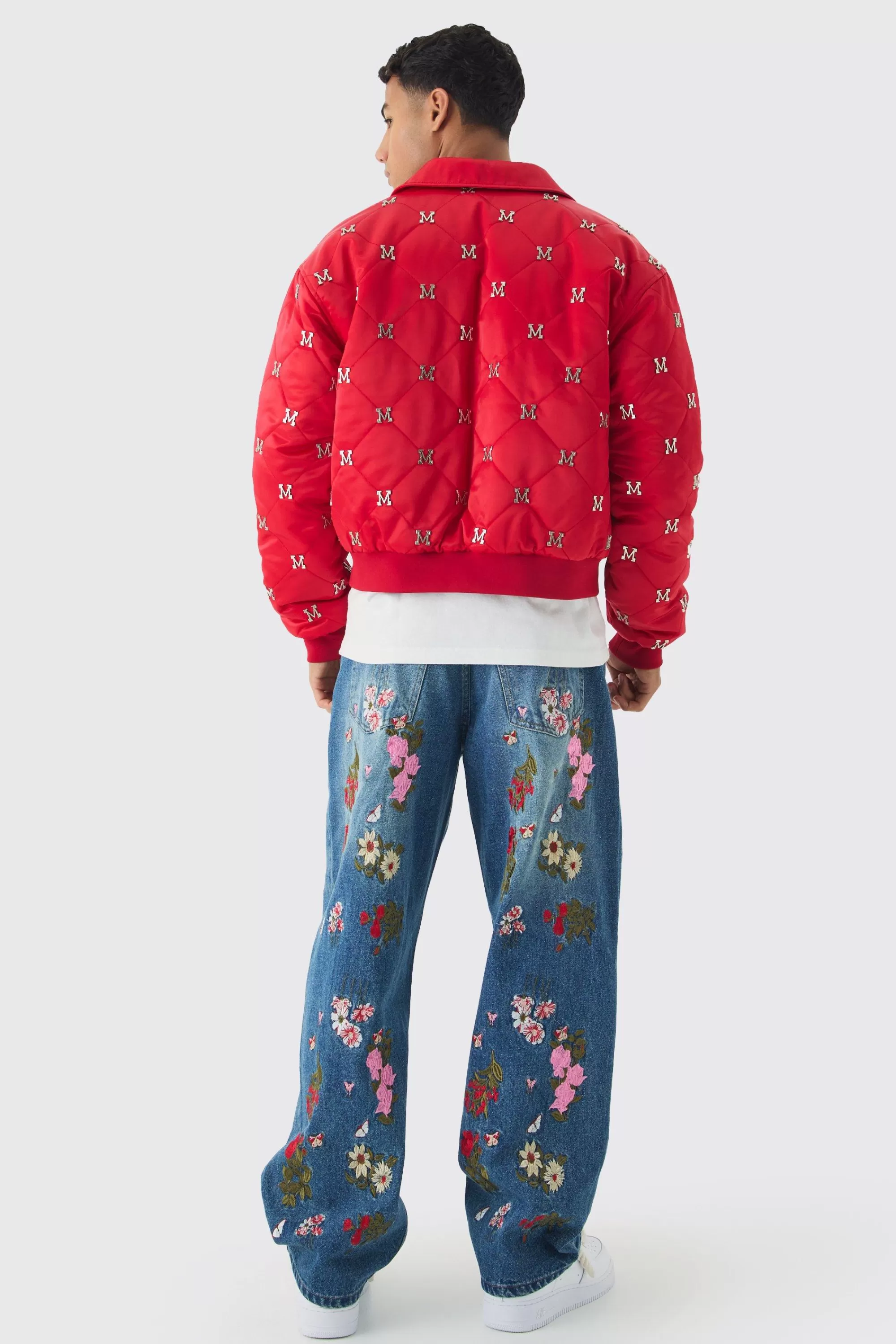 boohooMAN Boxy M Embellished Satin Bomber Jacket In | UK
