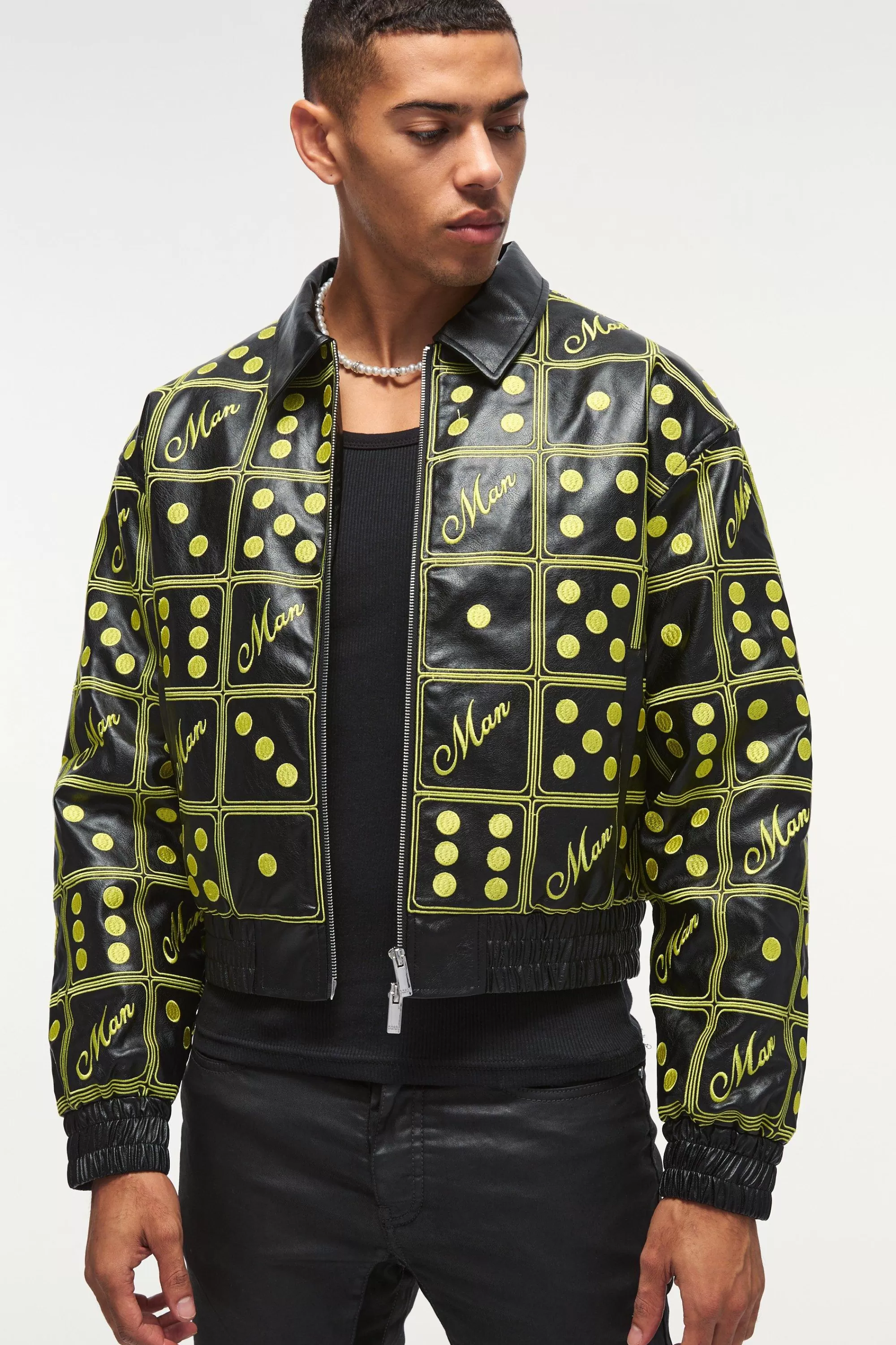 boohooMAN Boxy Man Dice Embroidered Pu Bomber Jacket In | UK