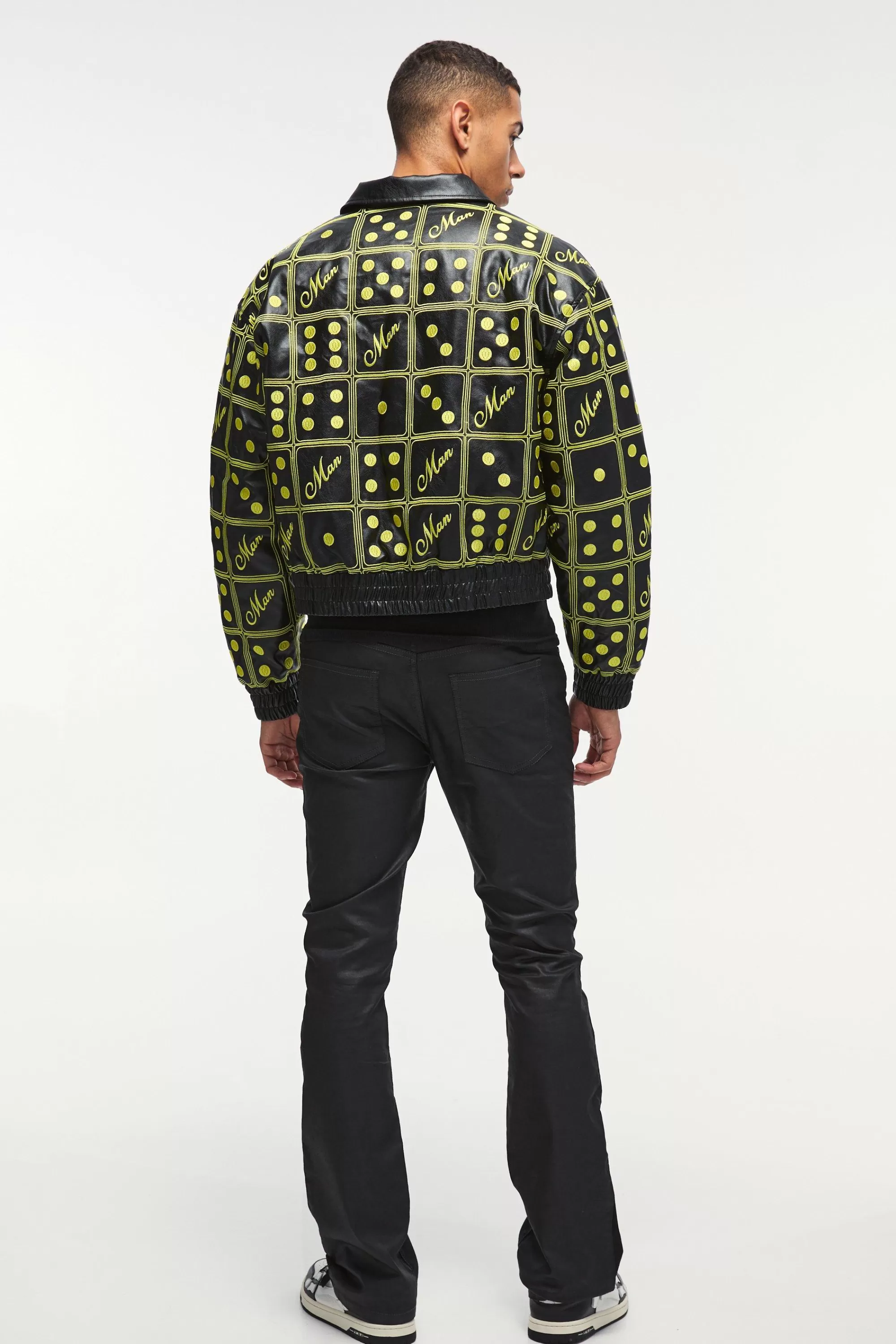 boohooMAN Boxy Man Dice Embroidered Pu Bomber Jacket In | UK