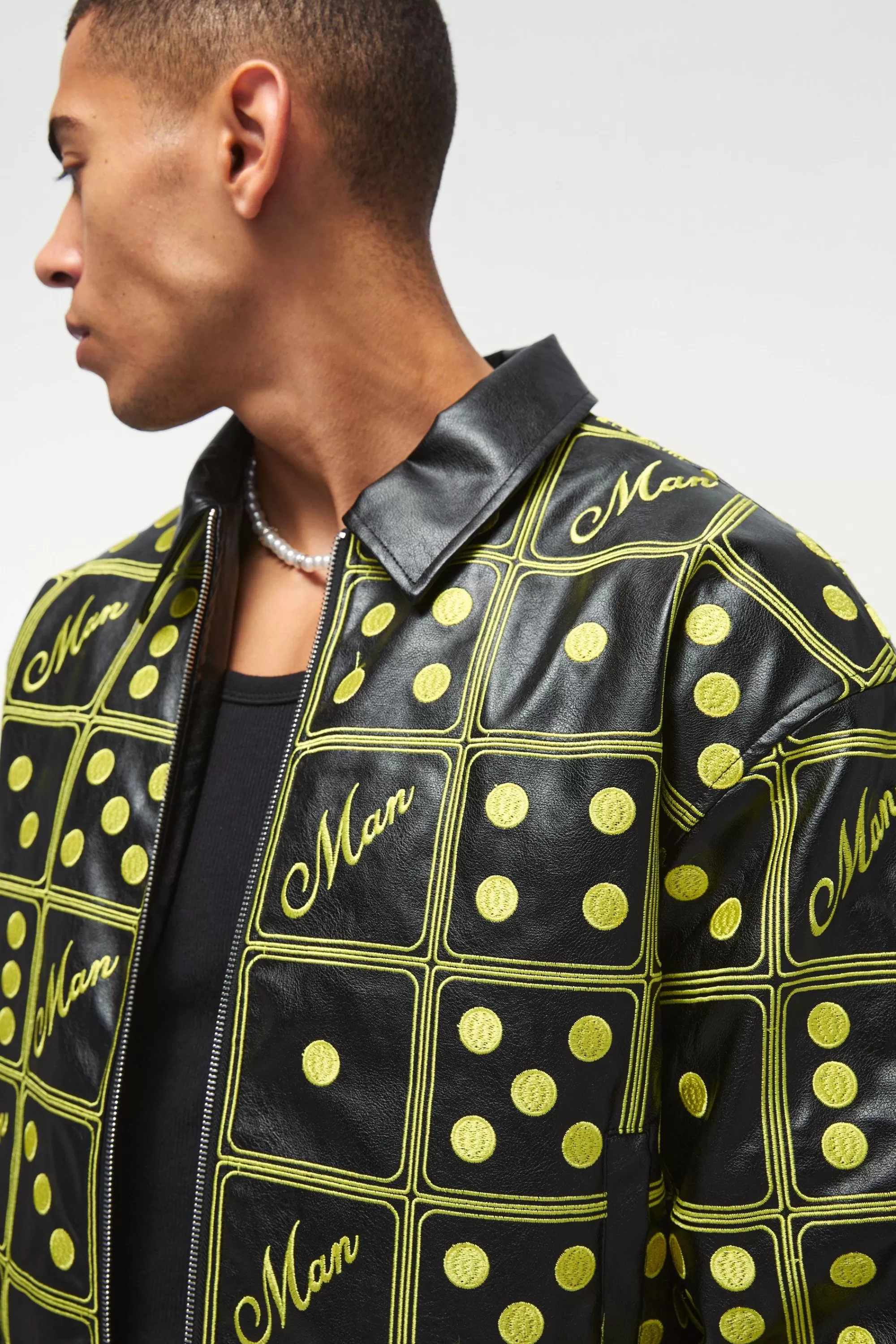 boohooMAN Boxy Man Dice Embroidered Pu Bomber Jacket In | UK