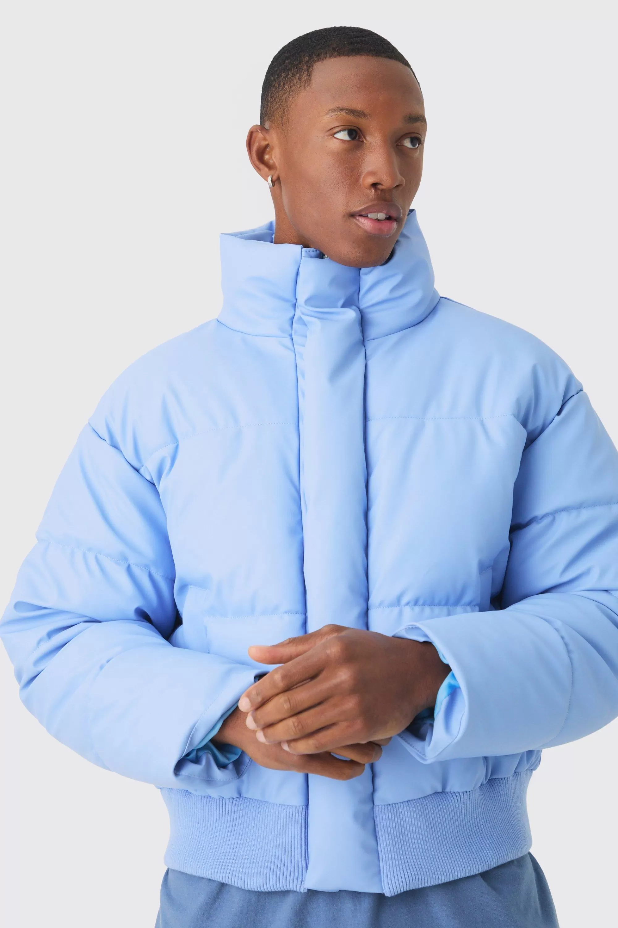 boohooMAN Boxy Matte Pu Funnel Neck Puffer In | UK