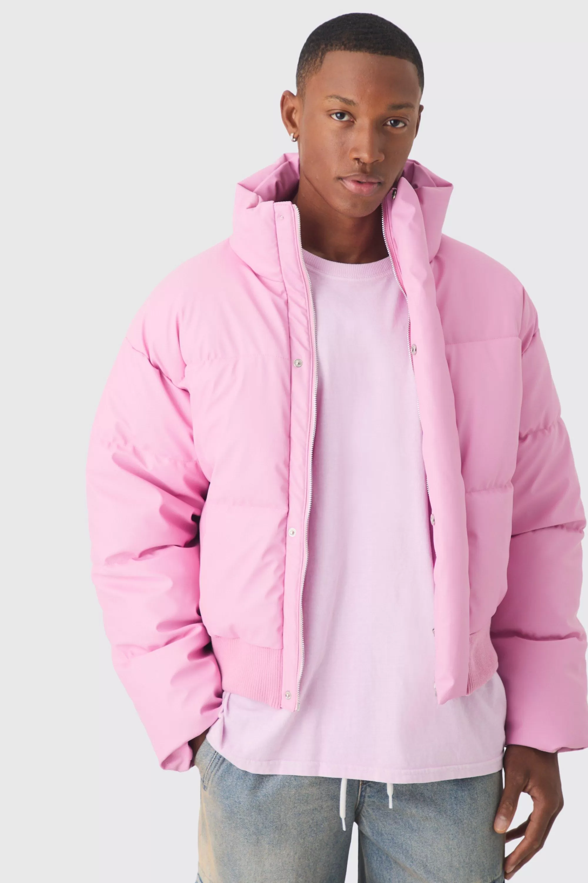boohooMAN Boxy Matte Pu Funnel Neck Puffer In | UK