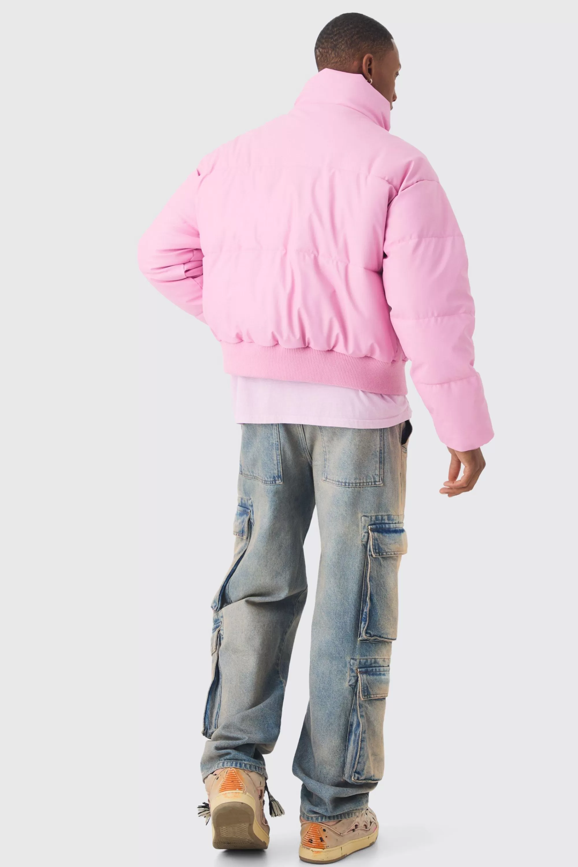 boohooMAN Boxy Matte Pu Funnel Neck Puffer In | UK
