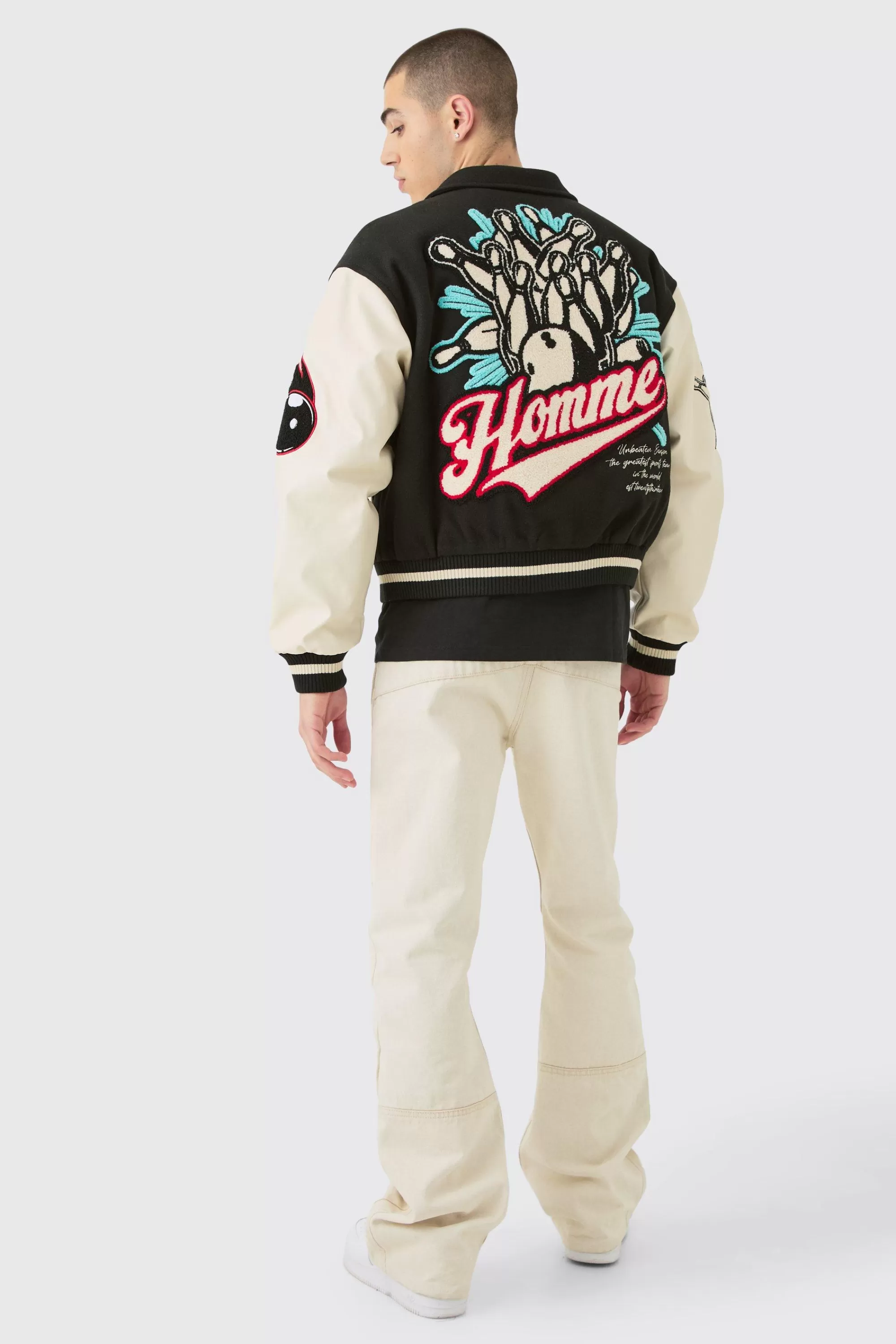boohooMAN Boxy Melton & Pu Collared Varsity Jacket | UK