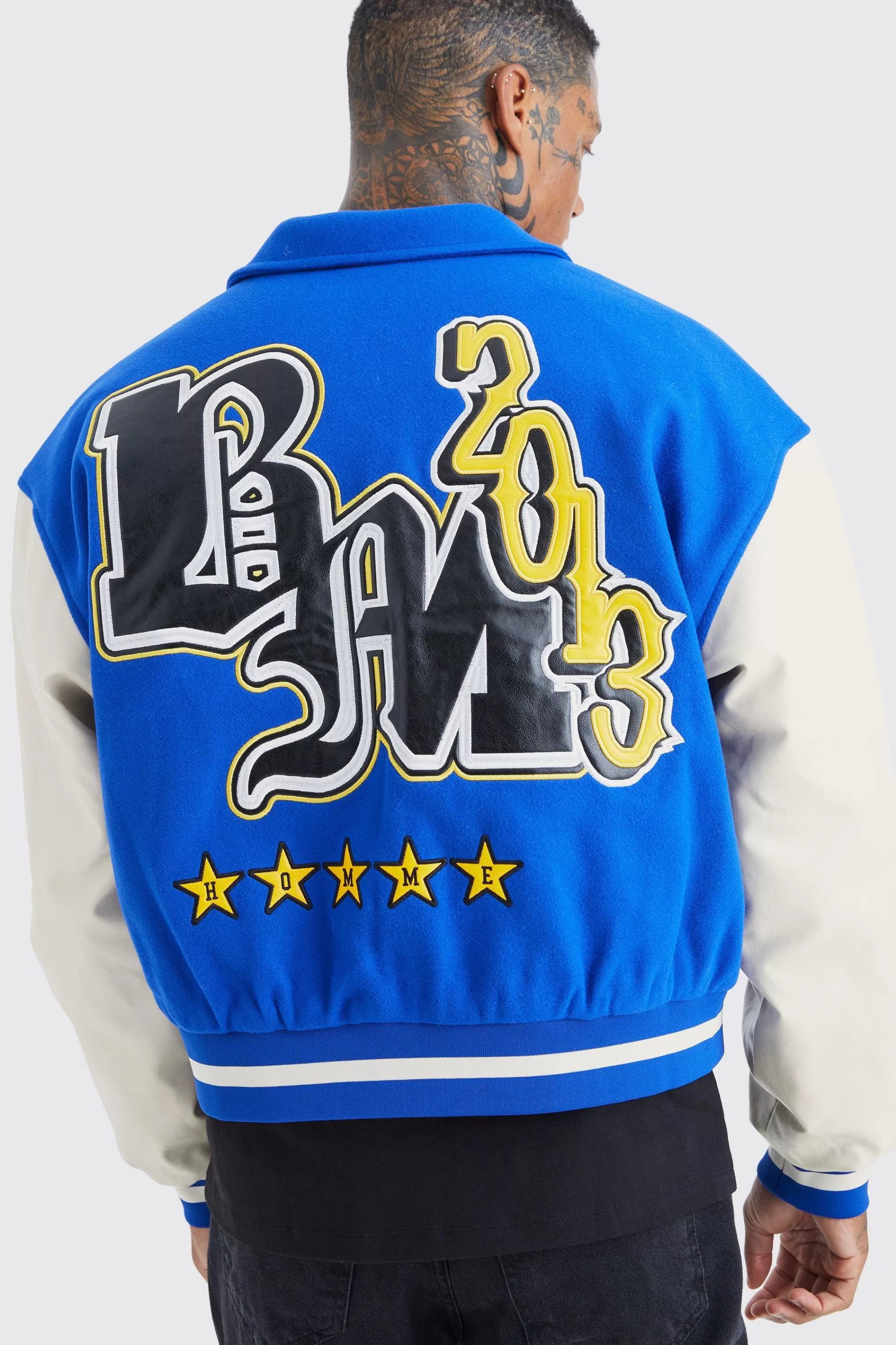 boohooMAN Boxy Melton & Pu Collared Varsity Jacket | UK