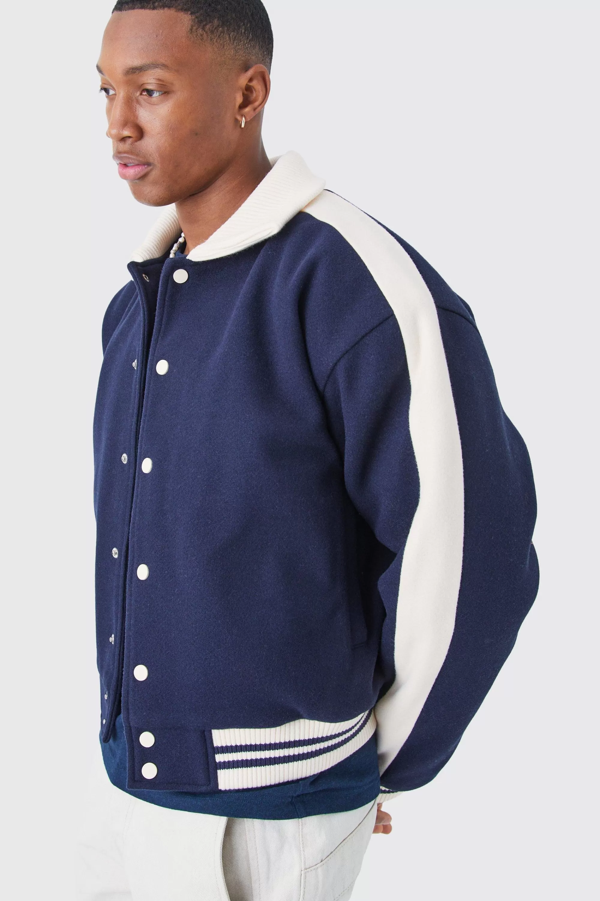 boohooMAN Boxy Melton Knitted Collar Harrington | UK