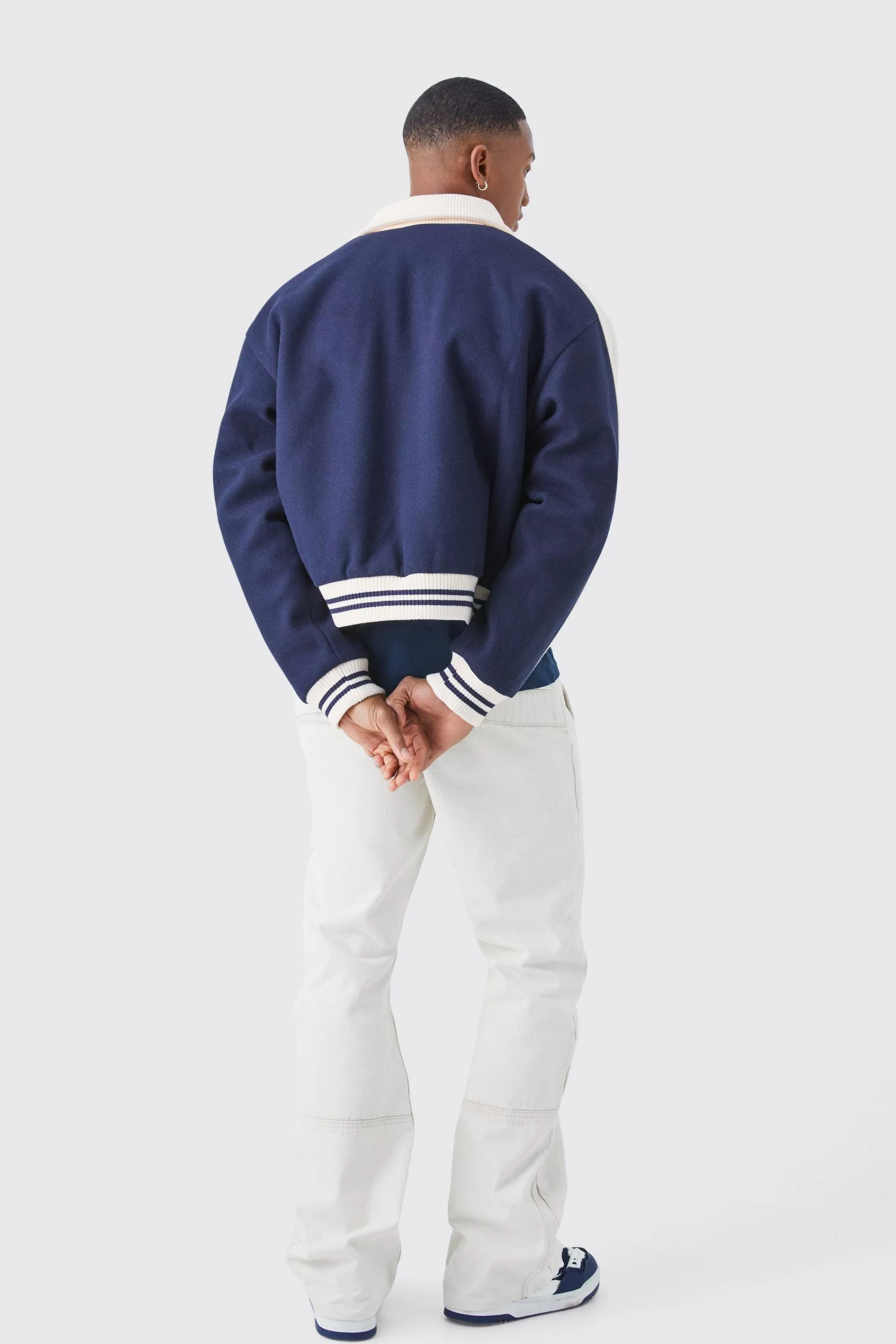 boohooMAN Boxy Melton Knitted Collar Harrington | UK