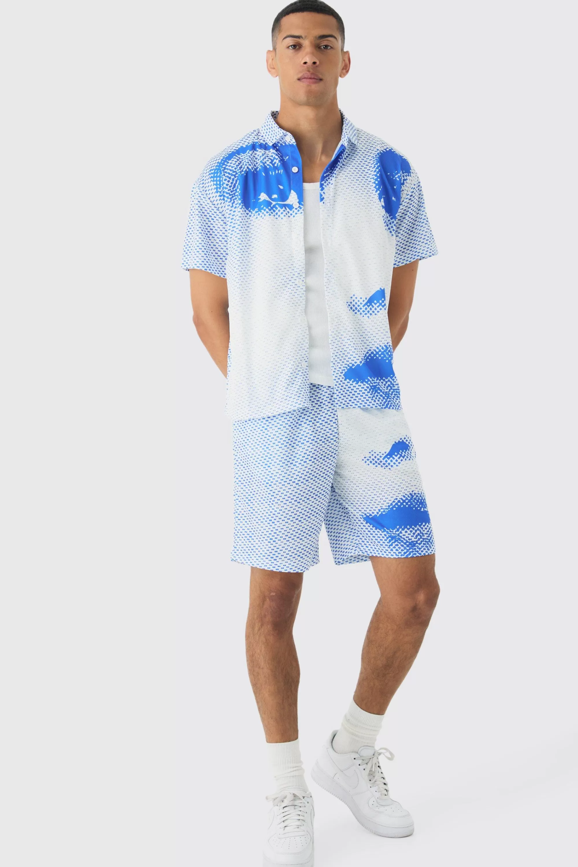 boohooMAN Boxy Mesh Photo Print Shirt & Short | UK