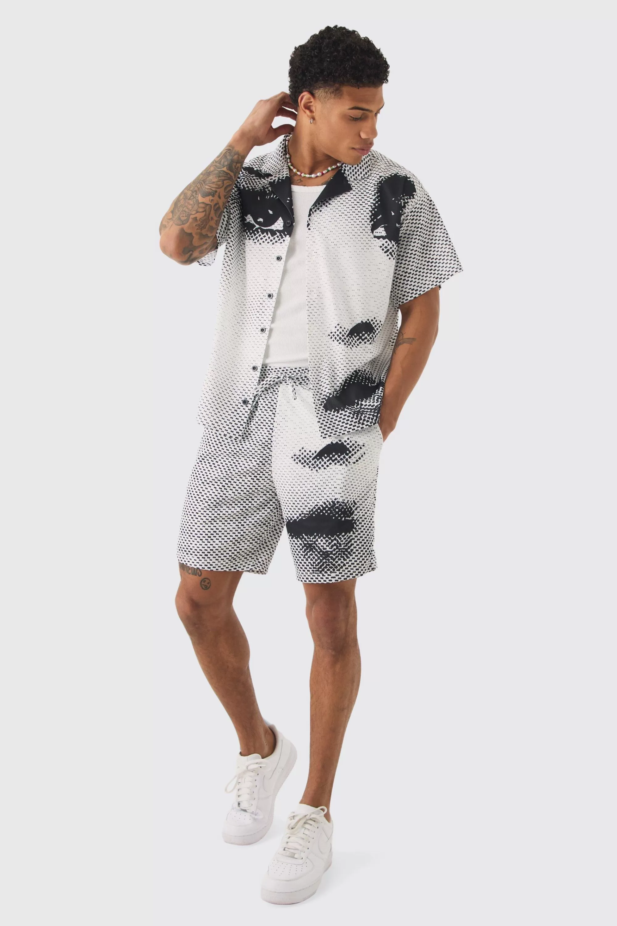 boohooMAN Boxy Mesh Photo Print Shirt & Short | UK