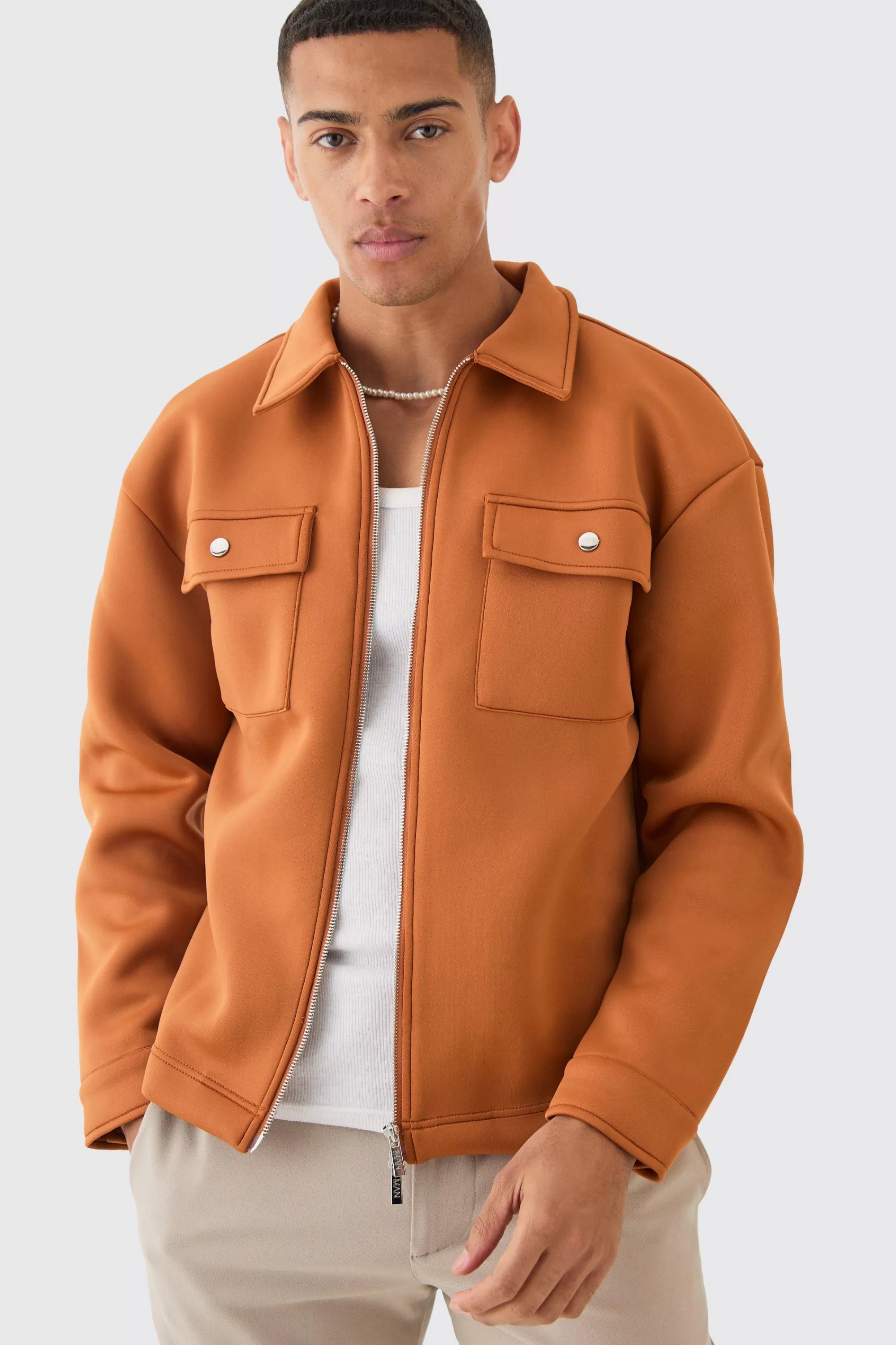 boohooMAN Boxy Neoprene Zip Overshirt | UK