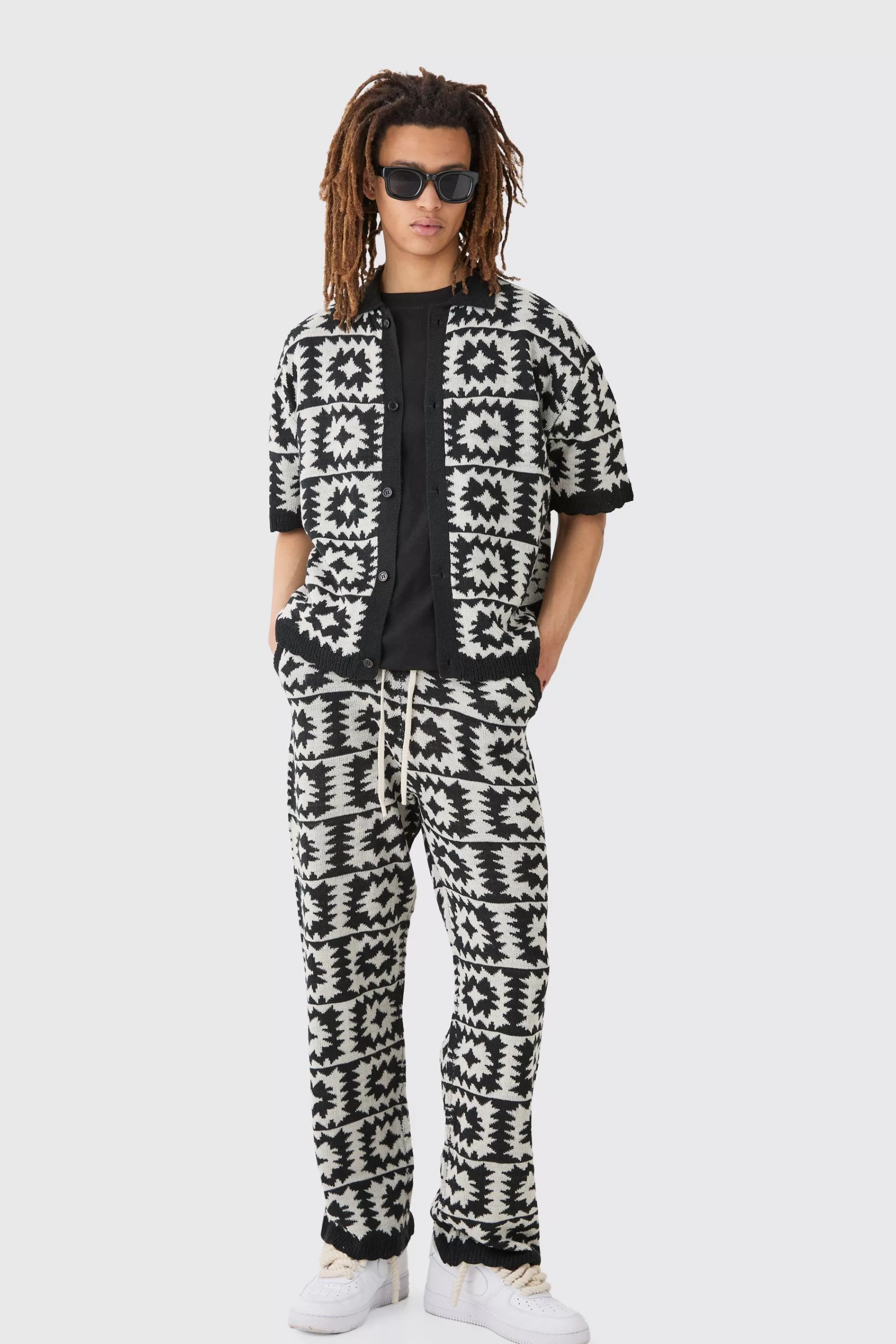 boohooMAN Boxy Open Stitch Crochet Polo Trouser Knitted Set | UK
