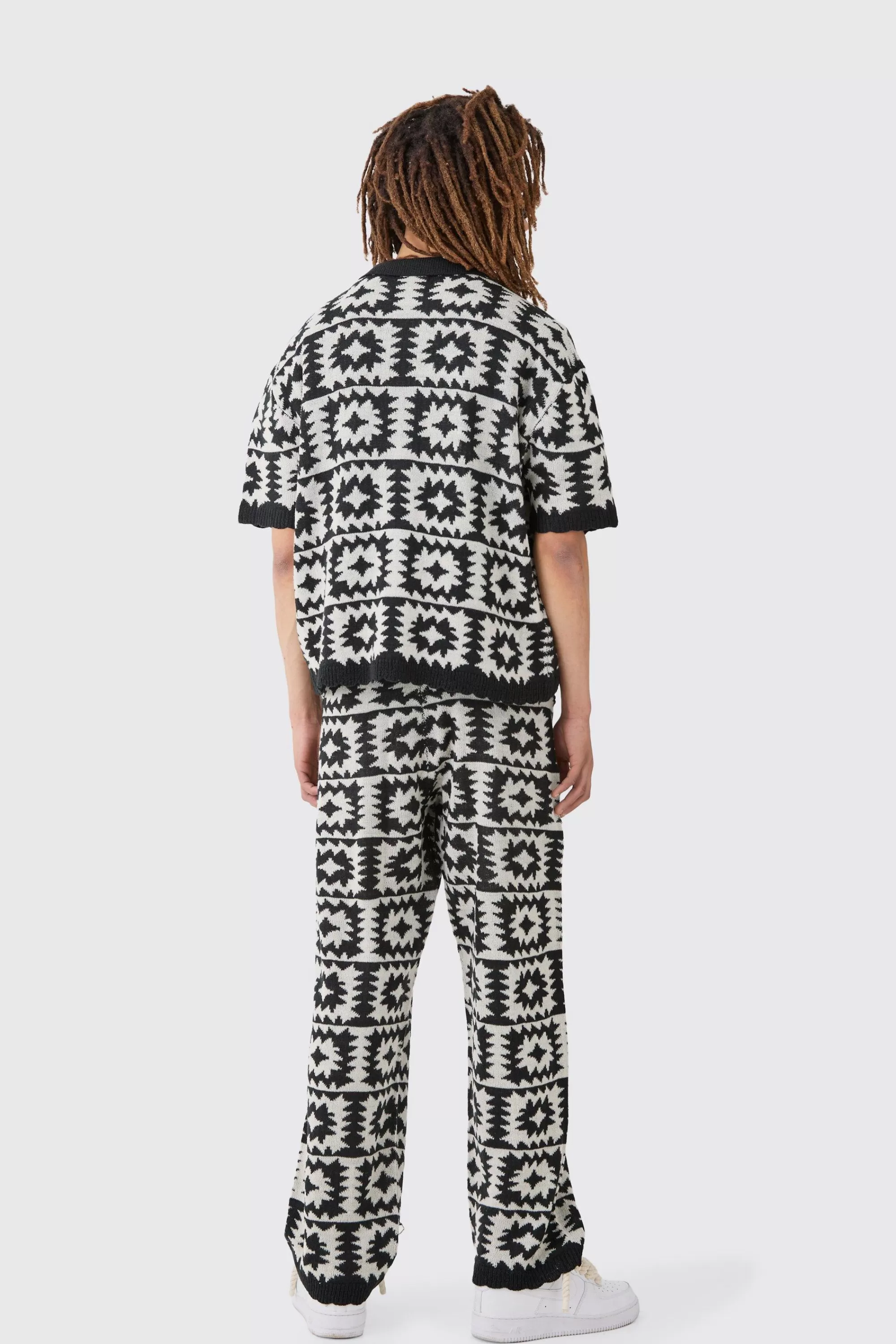 boohooMAN Boxy Open Stitch Crochet Polo Trouser Knitted Set | UK