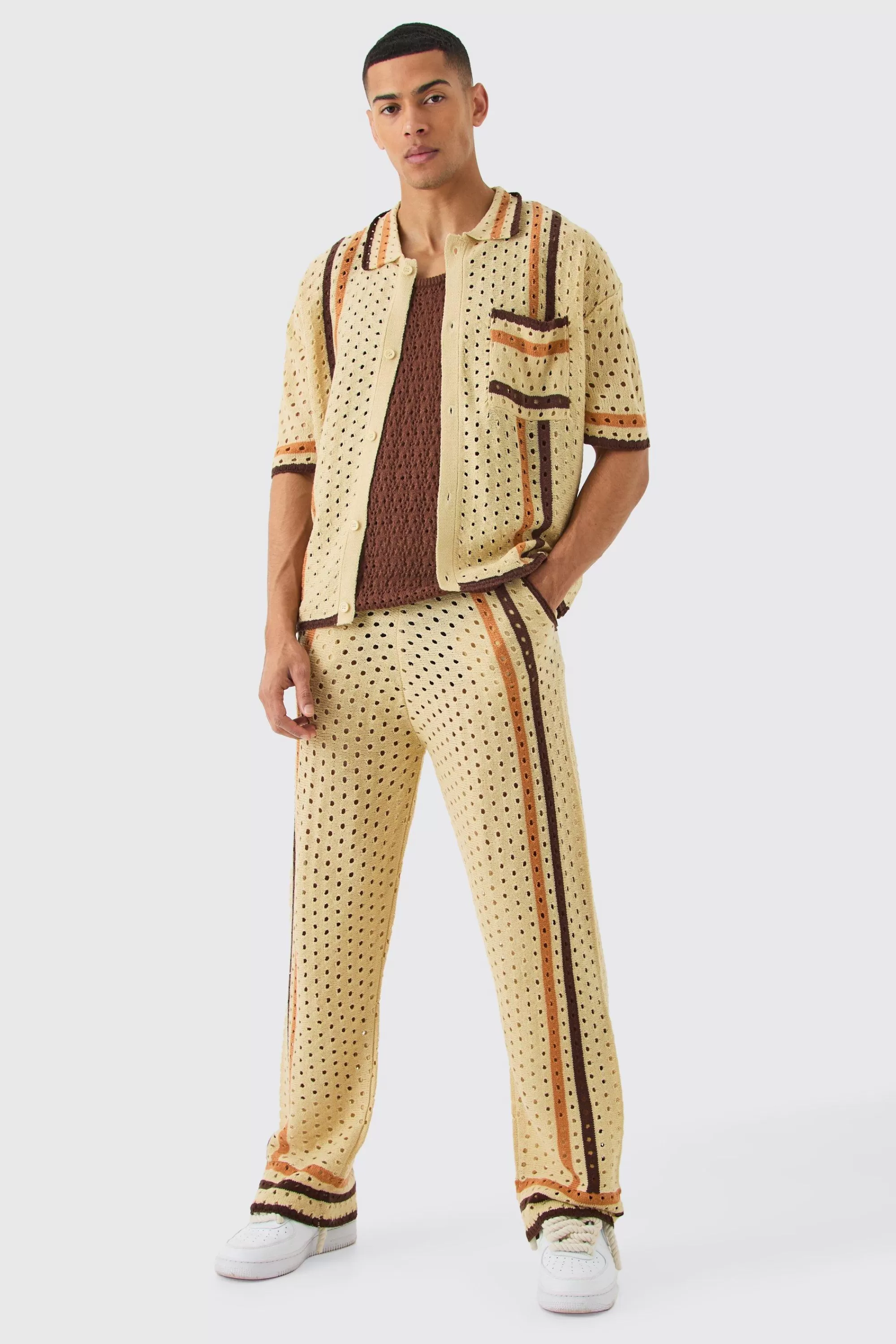 boohooMAN Boxy Open Stitch Polo Trouser Knitted Set | UK