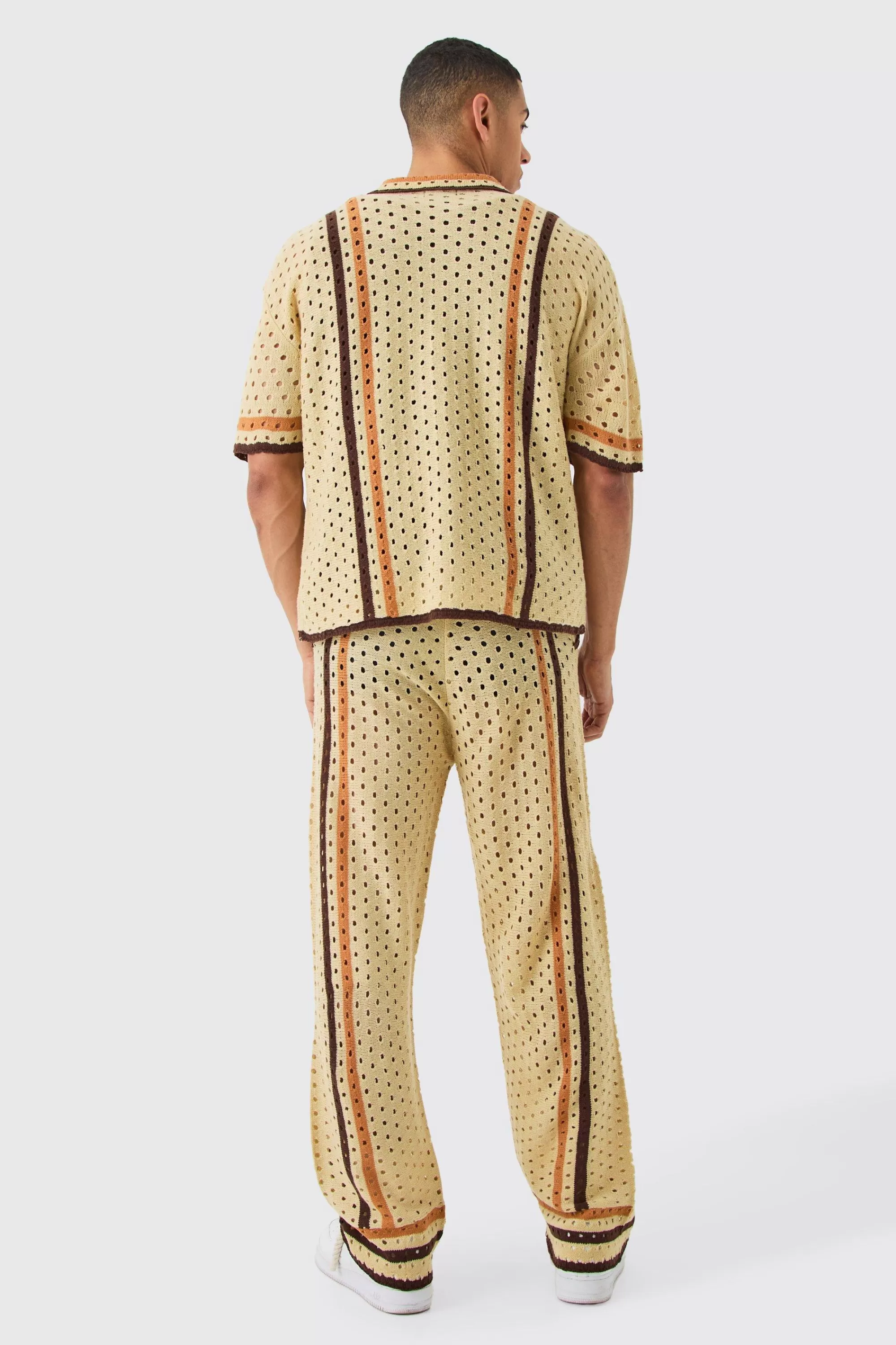 boohooMAN Boxy Open Stitch Polo Trouser Knitted Set | UK