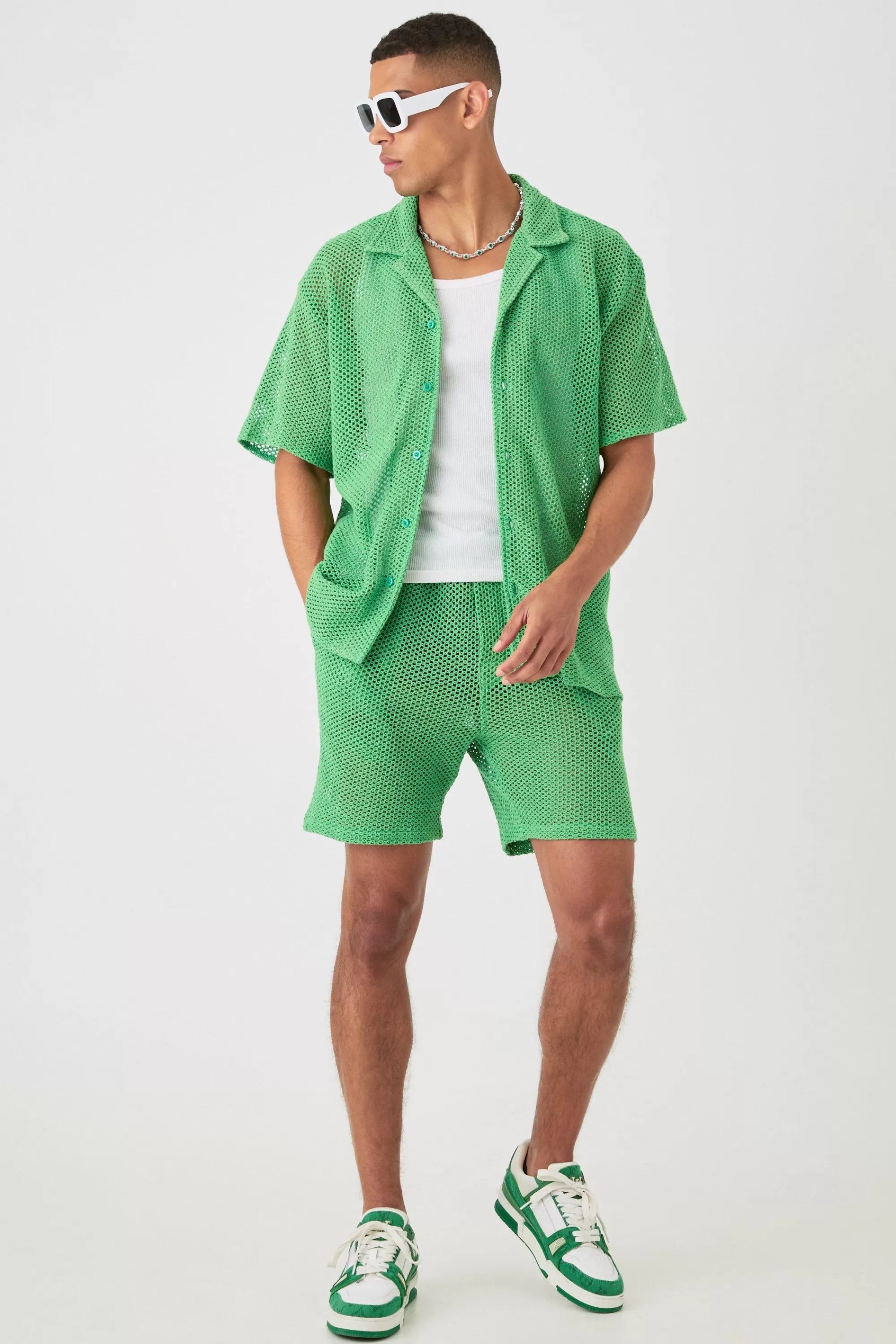 boohooMAN Boxy Open Stitch Shirt & Short Set | UK