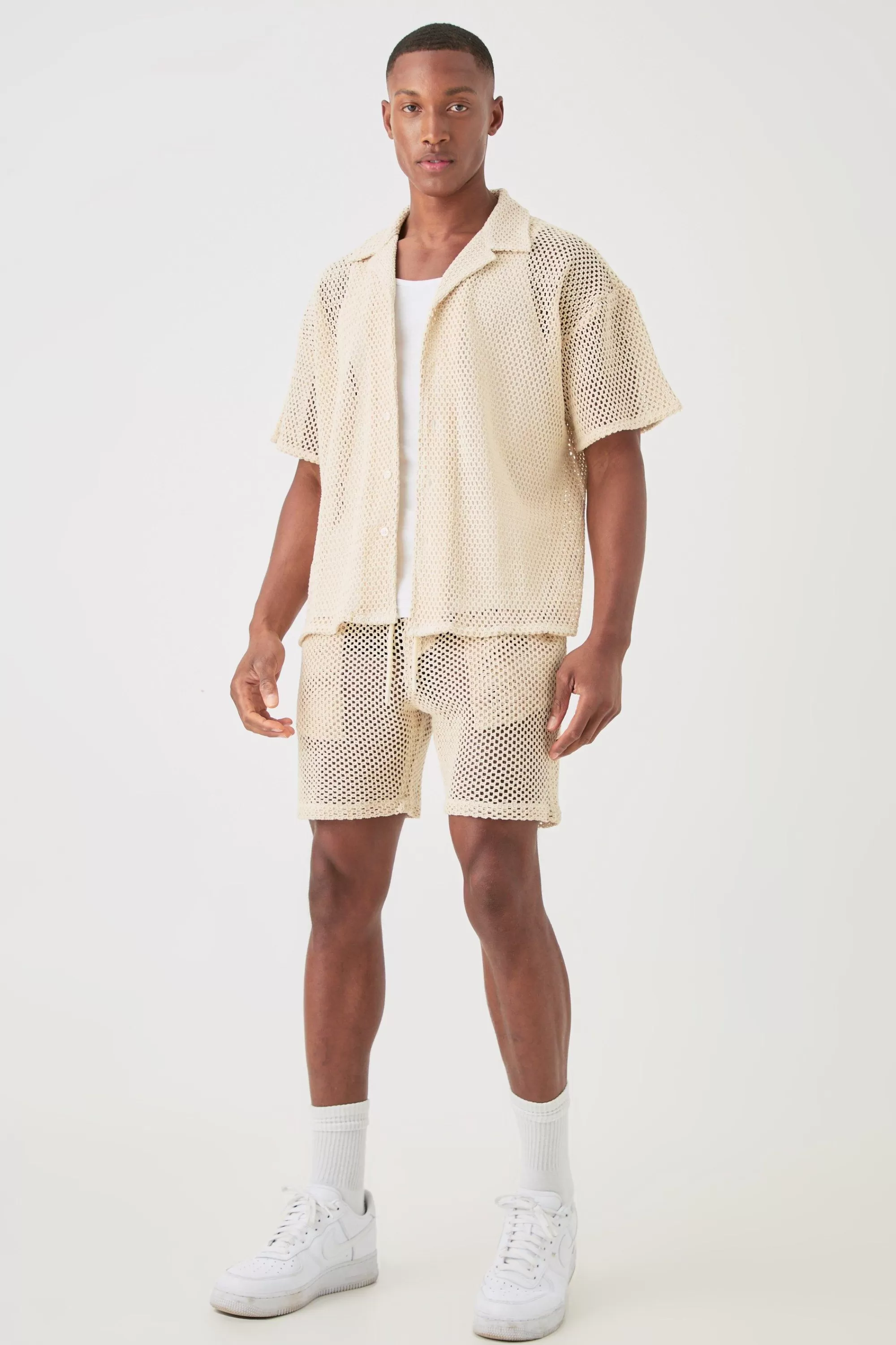 boohooMAN Boxy Open Stitch Shirt & Short Set | UK