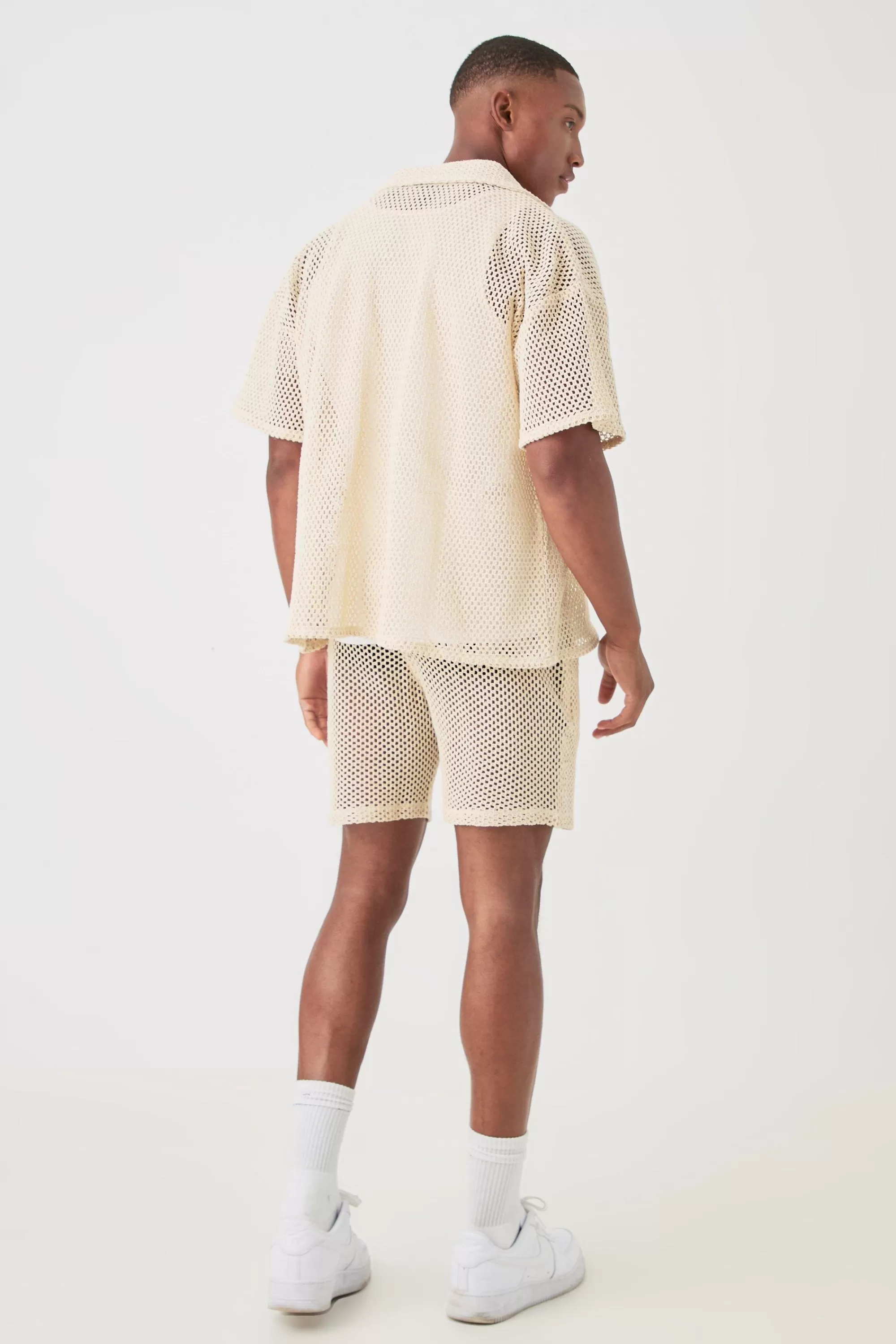 boohooMAN Boxy Open Stitch Shirt & Short Set | UK