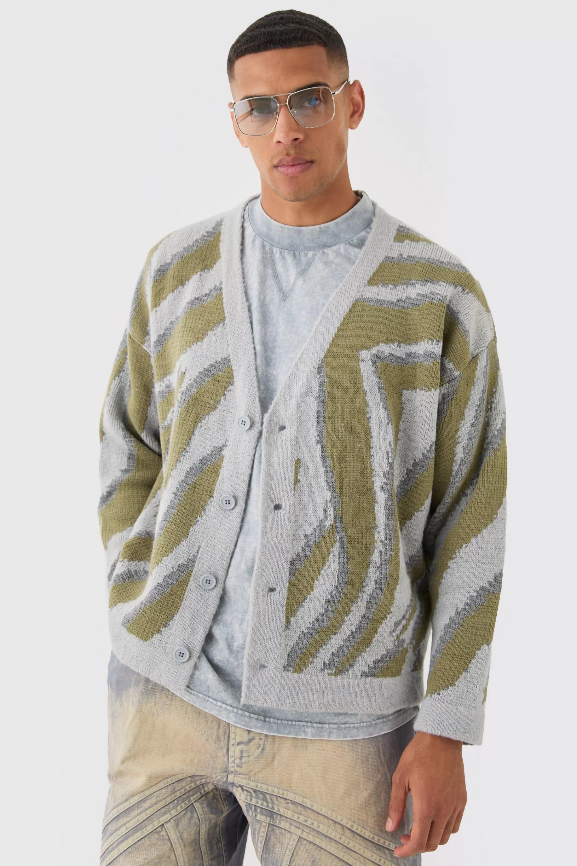 boohooMAN Boxy Oversized Brushed Abstract All Over Cardigan | UK