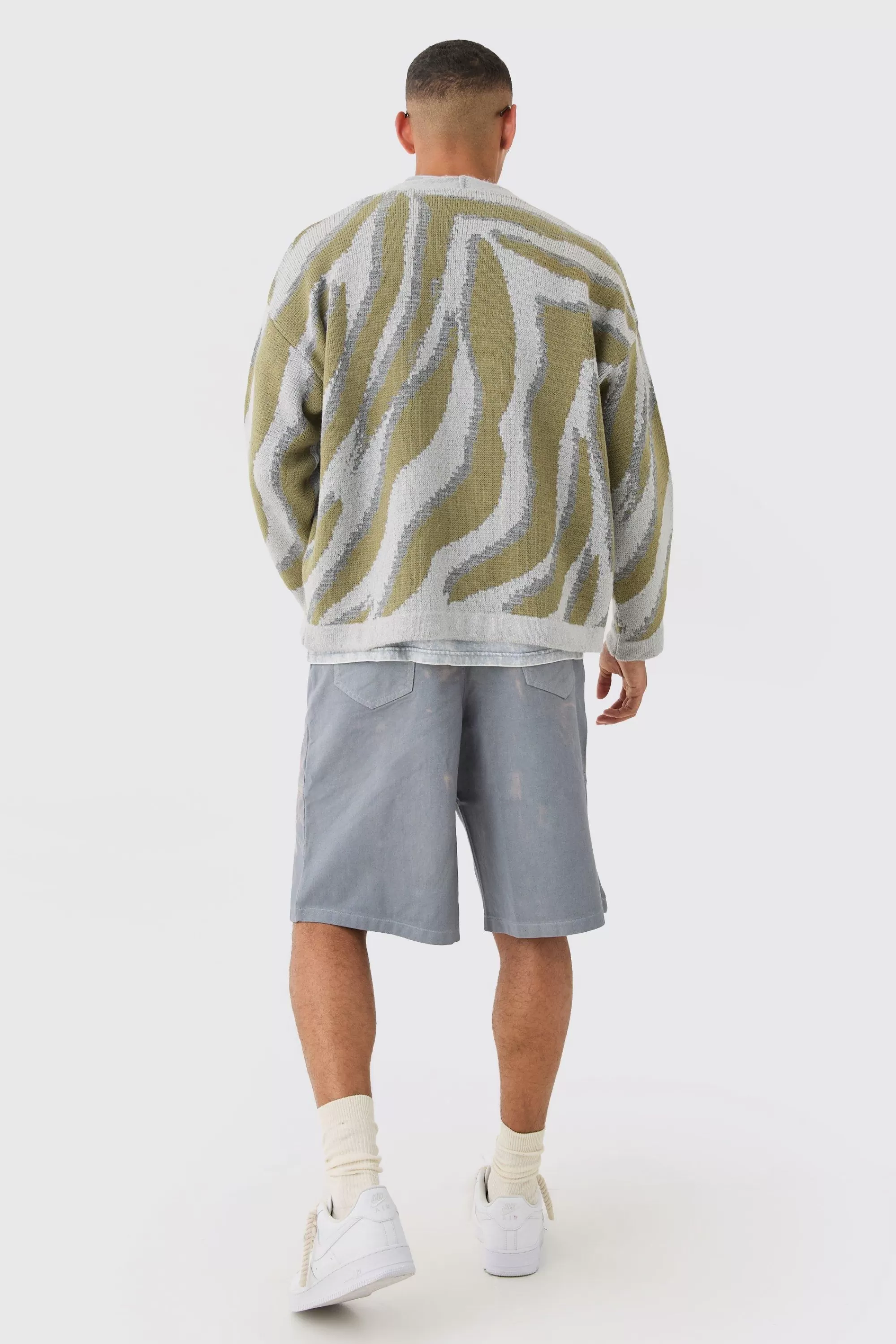 boohooMAN Boxy Oversized Brushed Abstract All Over Cardigan | UK