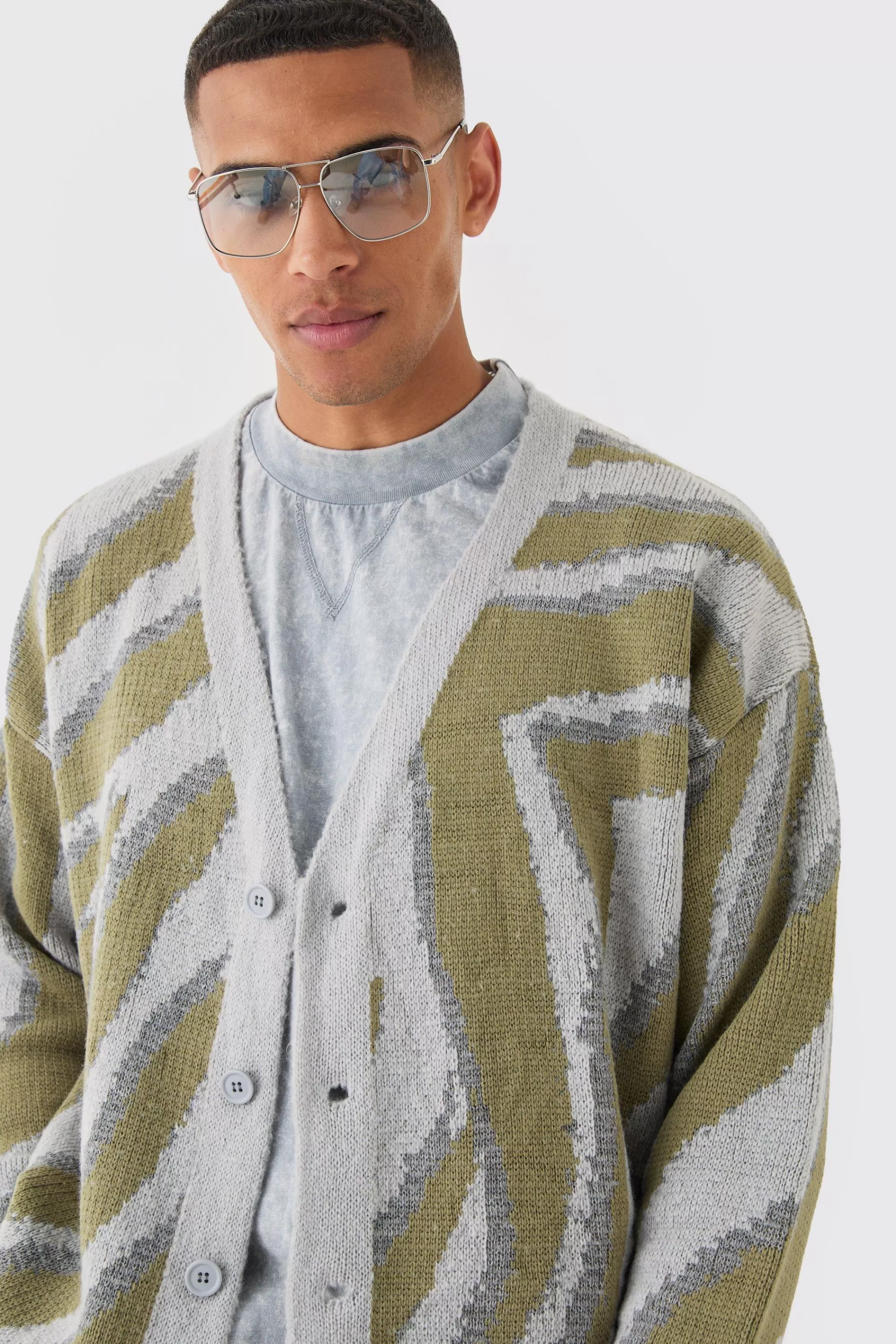 boohooMAN Boxy Oversized Brushed Abstract All Over Cardigan | UK