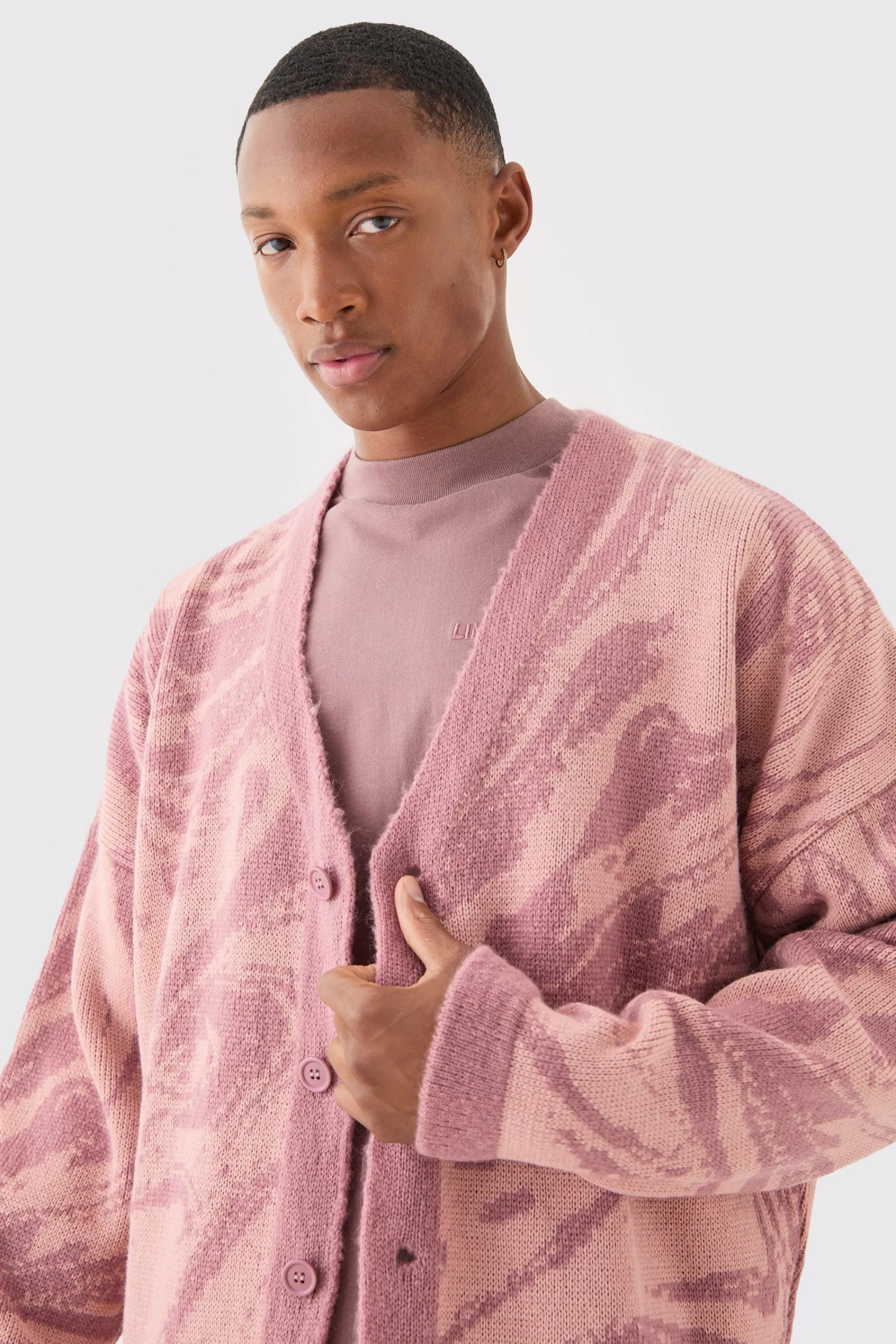 boohooMAN Boxy Oversized Brushed Abstract All Over Cardigan | UK