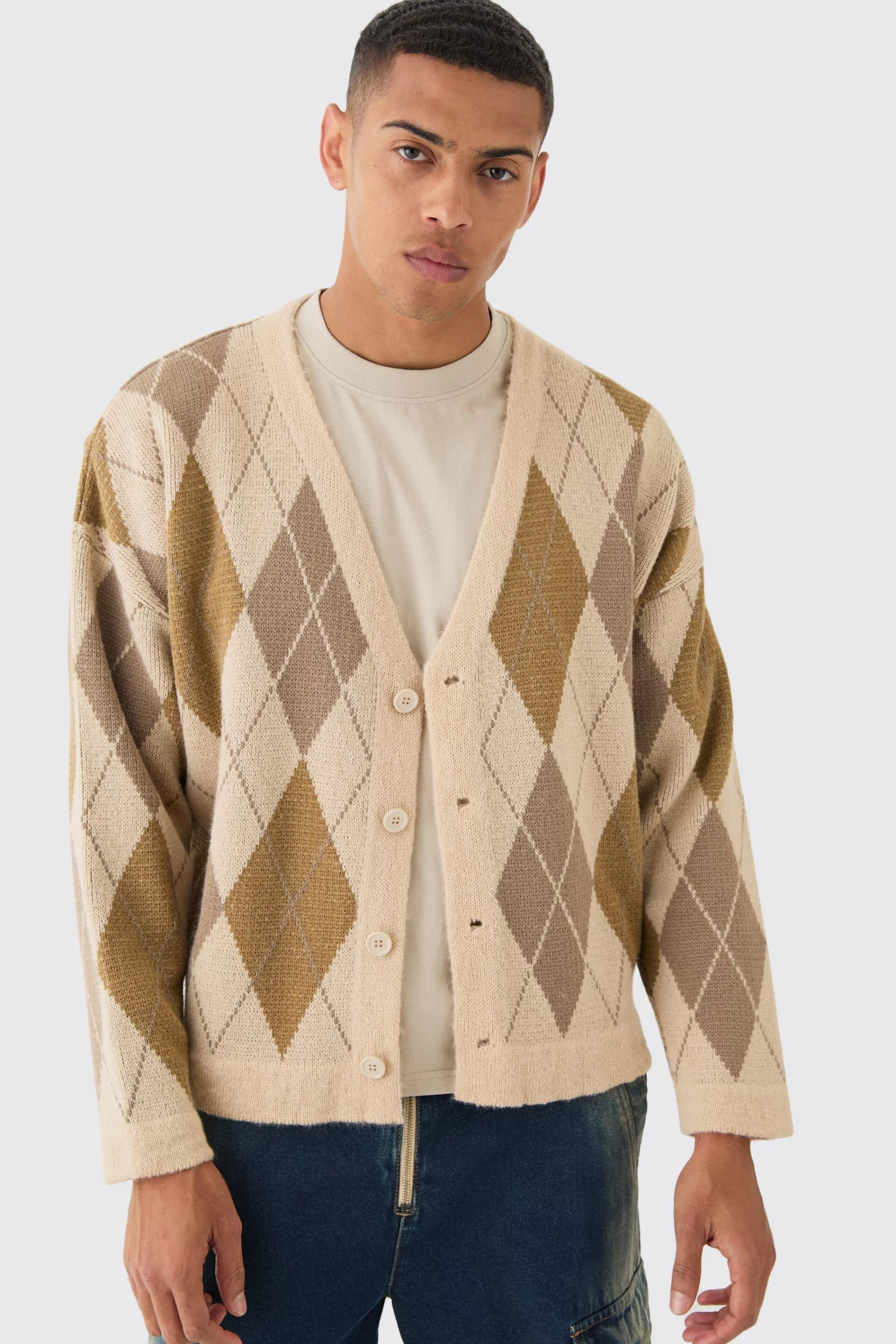boohooMAN Boxy Oversized Brushed Check All Over Cardigan | UK
