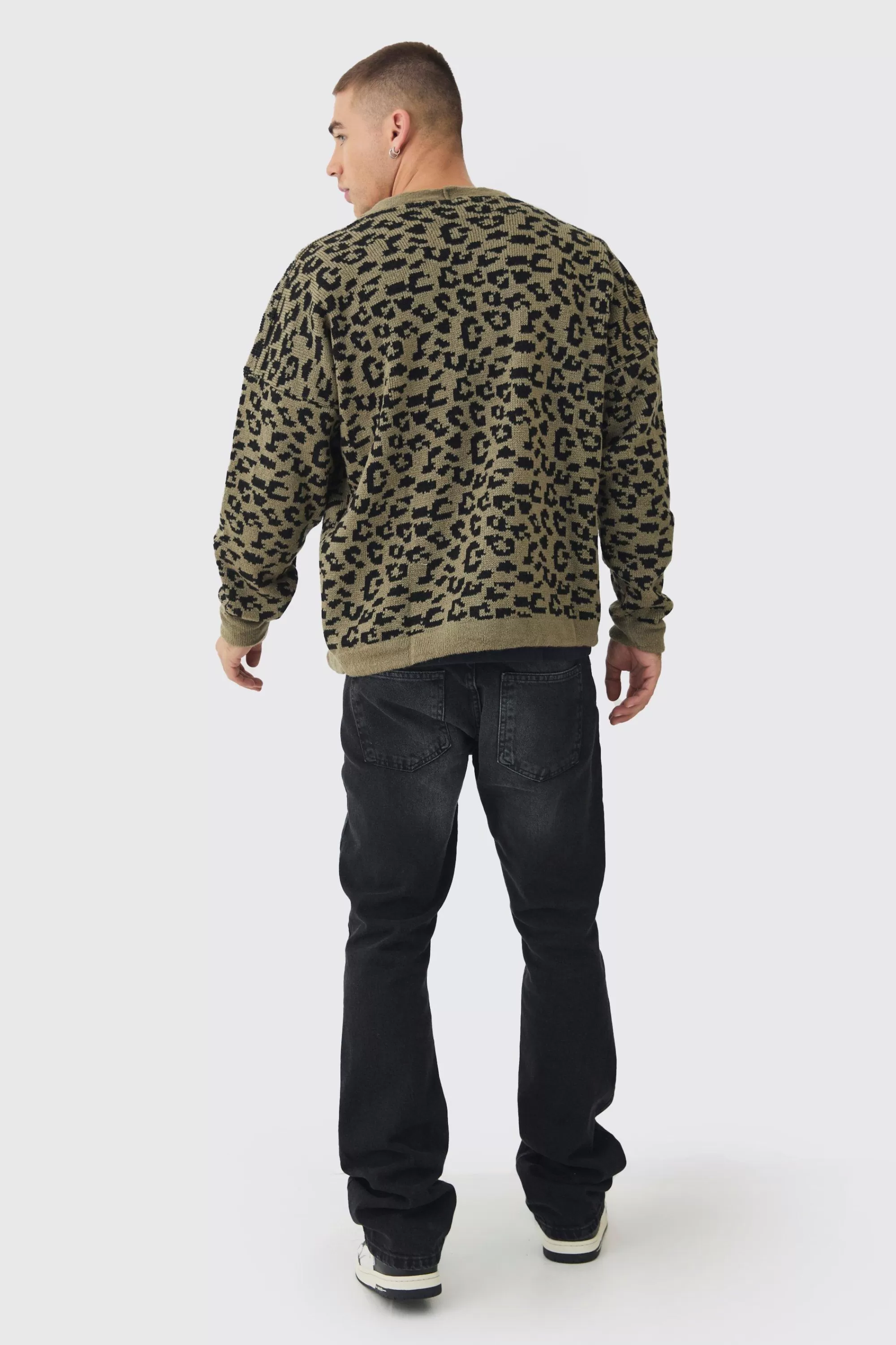 boohooMAN Boxy Oversized Brushed Leopard All Over Cardigan | UK