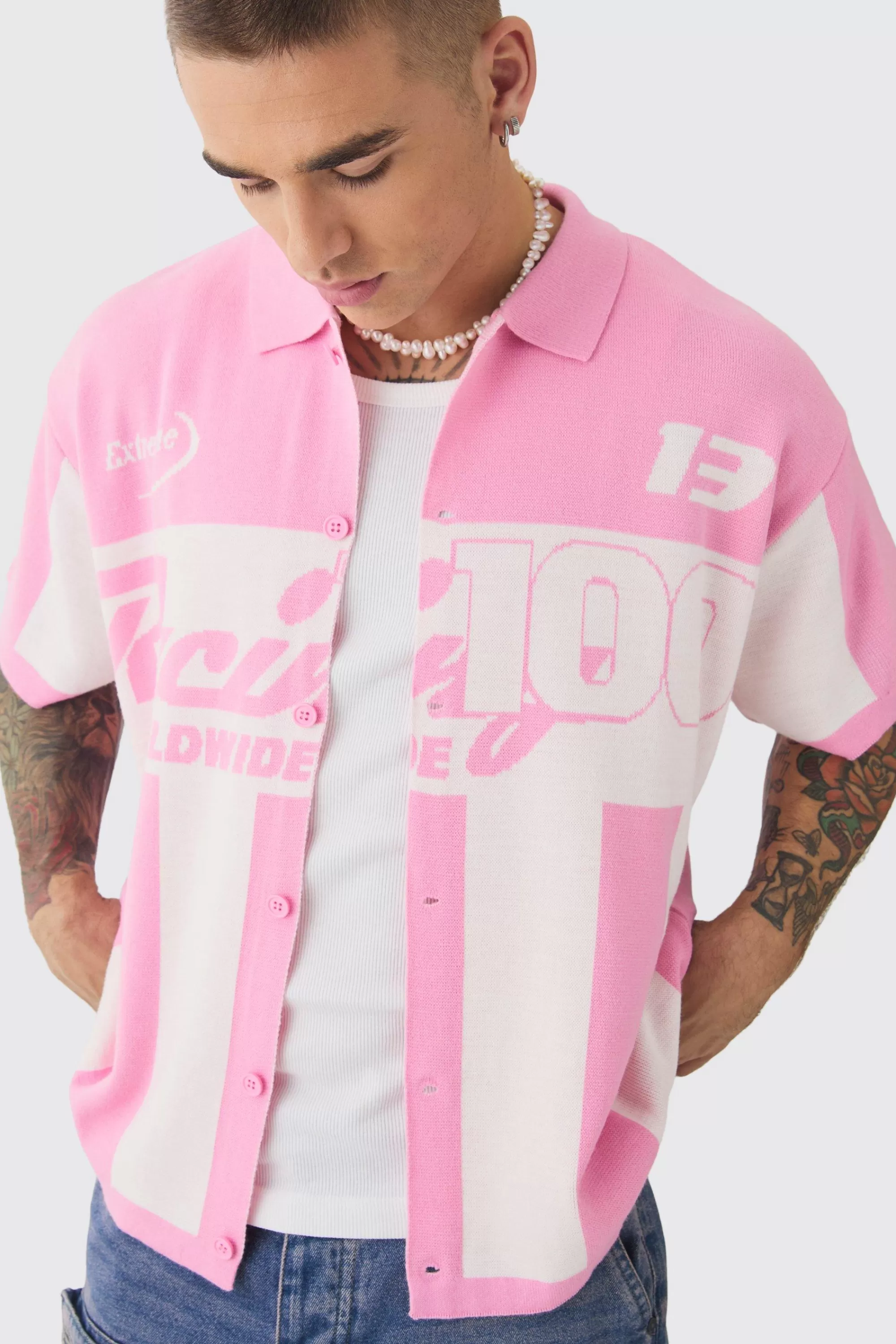 boohooMAN Boxy Oversized Moto Racing Stripe Knitted Shirt | UK