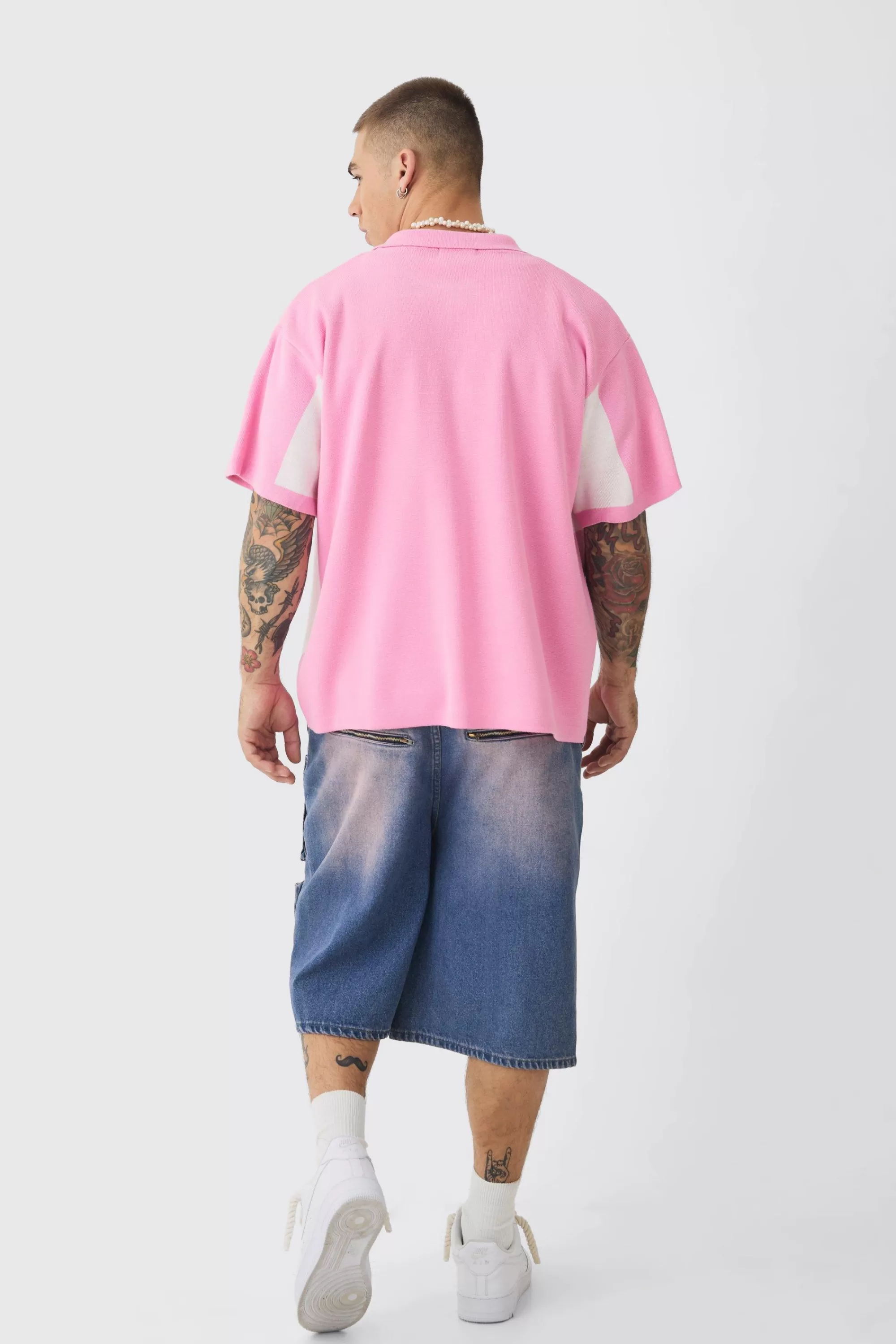 boohooMAN Boxy Oversized Moto Racing Stripe Knitted Shirt | UK