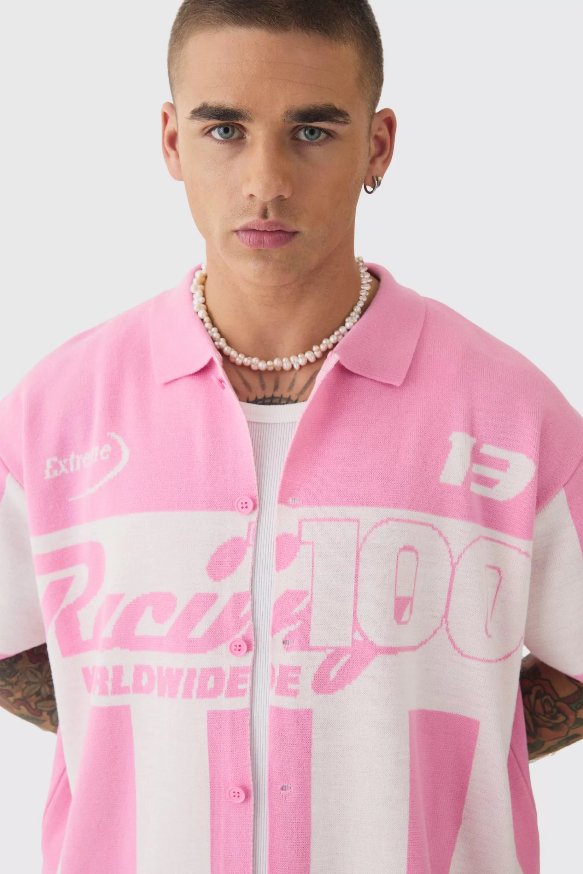 boohooMAN Boxy Oversized Moto Racing Stripe Knitted Shirt | UK