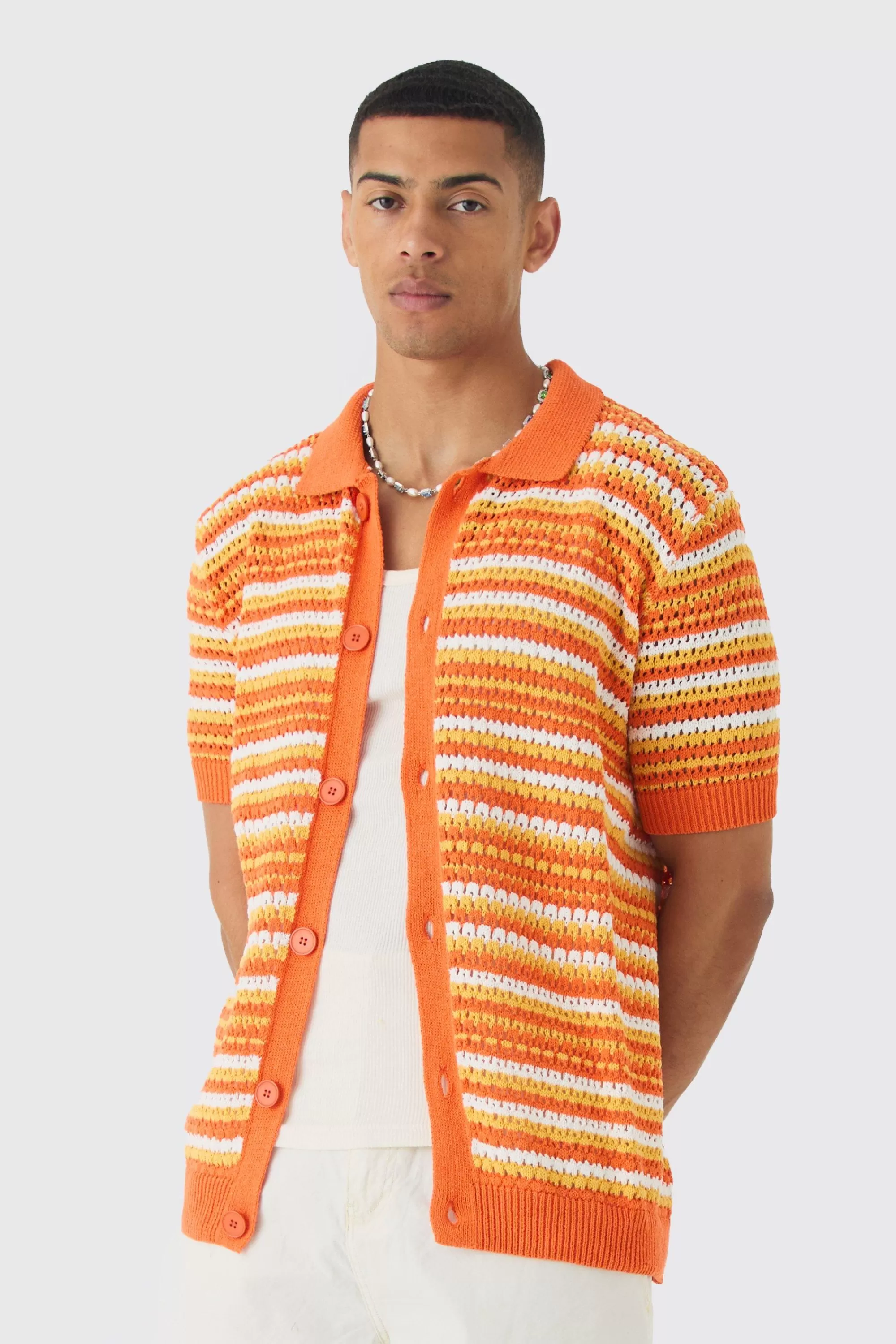 boohooMAN Boxy Oversized Open Stitch Stripe Knit Polo | UK