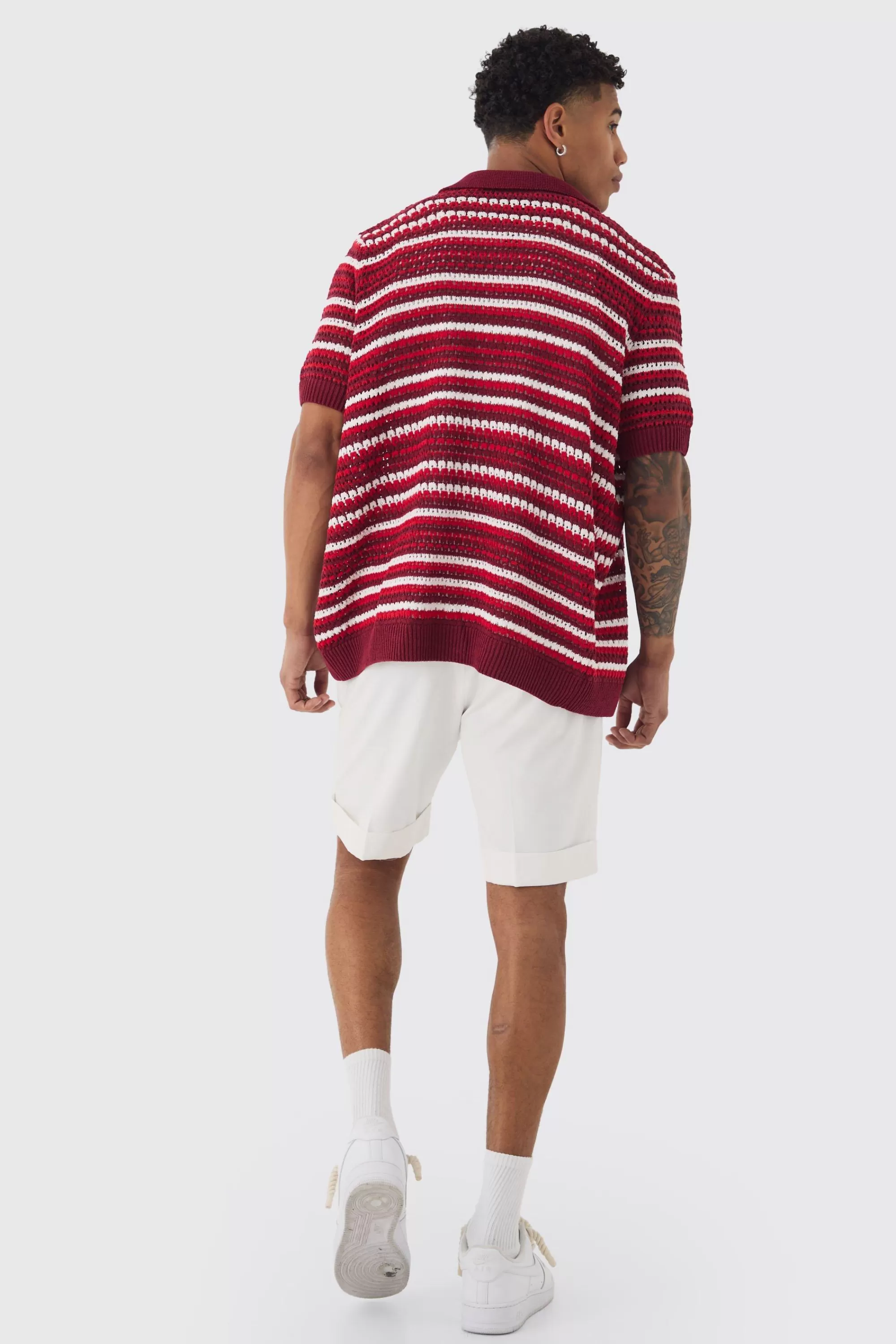 boohooMAN Boxy Oversized Open Stitch Stripe Knit Polo | UK