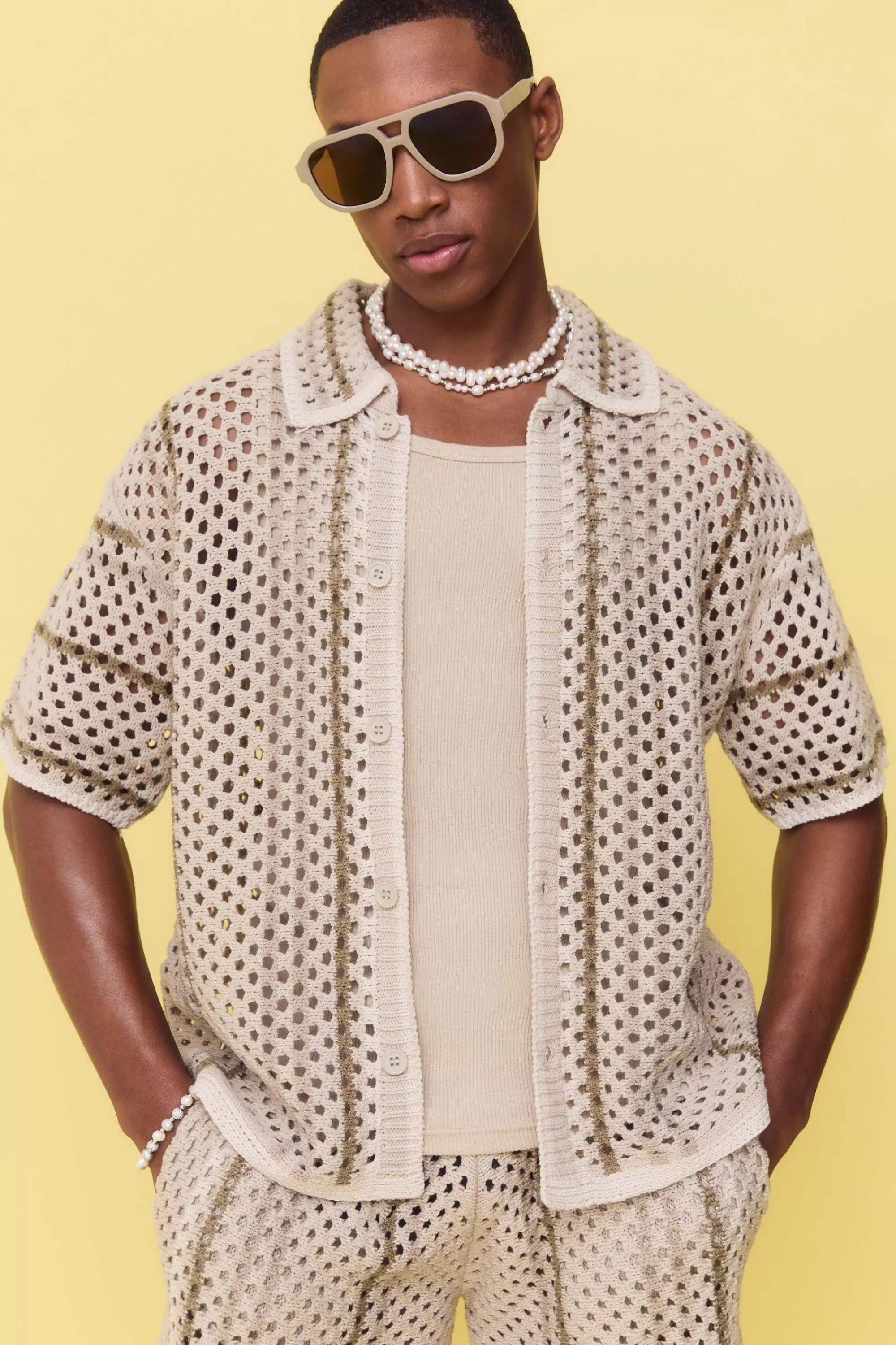 boohooMAN Boxy Oversized Open Stitch Stripe Knit Shirt | UK