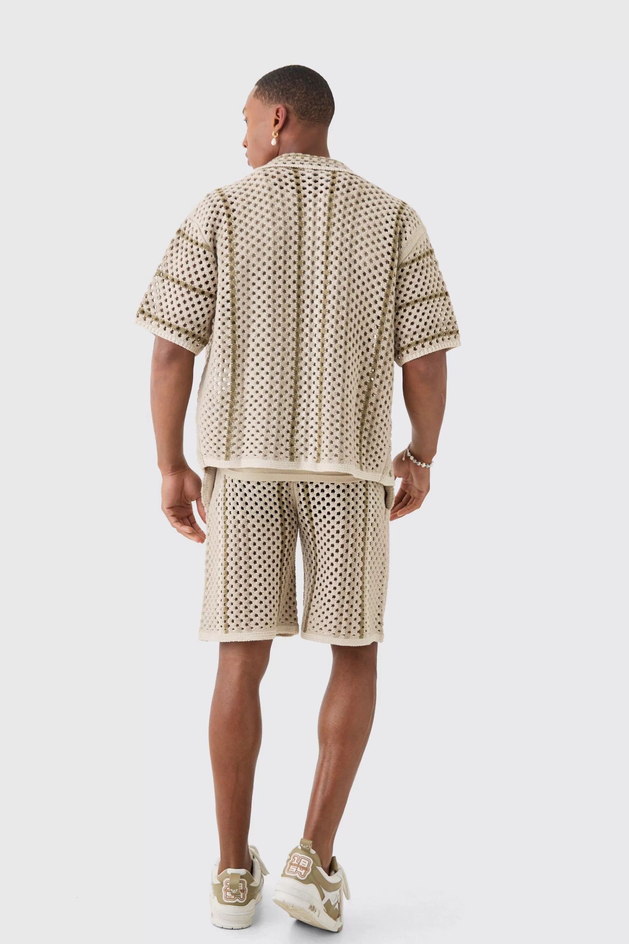 boohooMAN Boxy Oversized Open Stitch Stripe Knit Shirt | UK