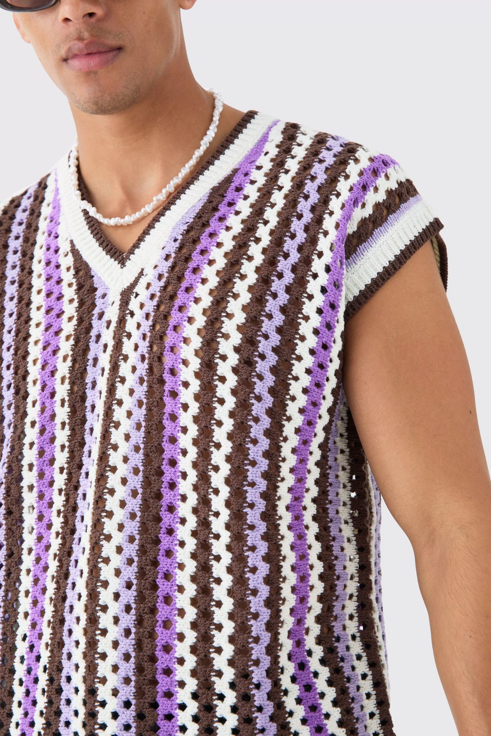boohooMAN Boxy Oversized Open Stitch V Neck Stripe Sweater Vest | UK