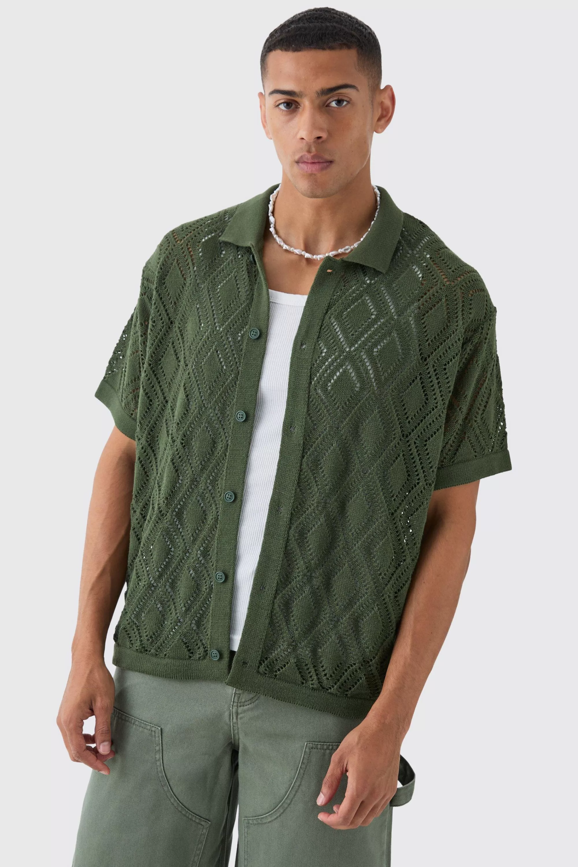 boohooMAN Boxy Oversized Patterned Open Stitch Knitted Shirt | UK
