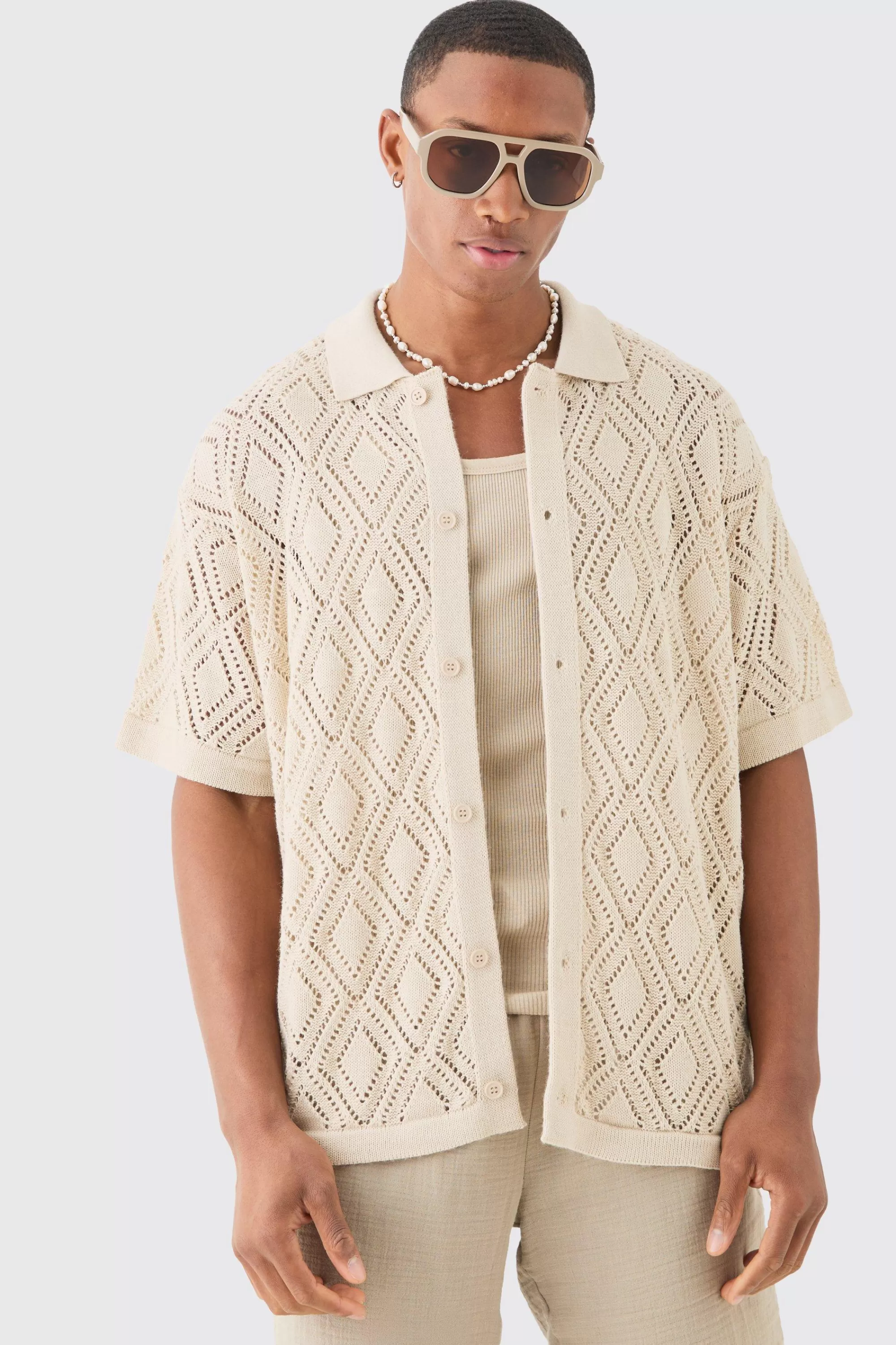 boohooMAN Boxy Oversized Patterned Open Stitch Knitted Shirt | UK